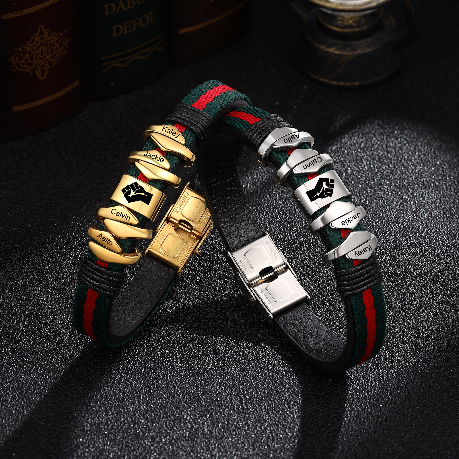Personalised Leather Bracelet Custom 4 Names Mens Bracelet Silver and Gold-Jessemade AU