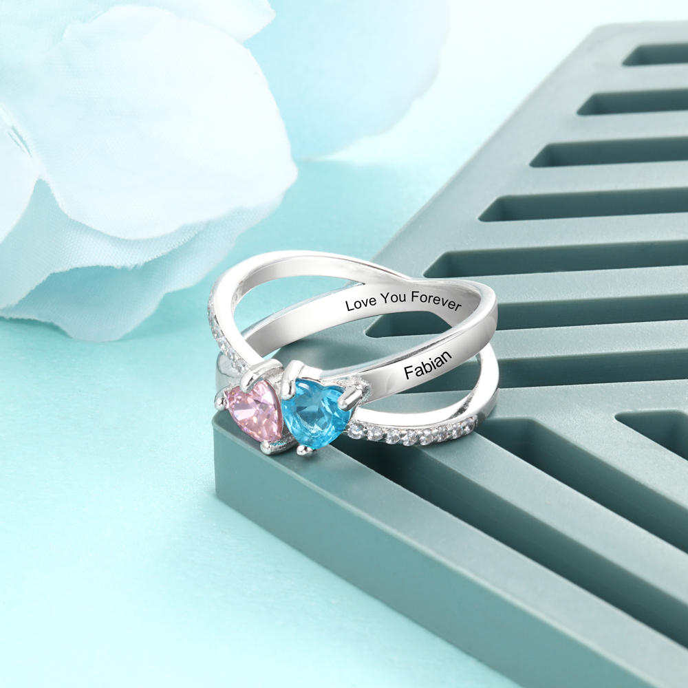 Personalised Mothers Ring With 2 Birthstones Engraved Names Ring Gifts For Her-Jessemade AU