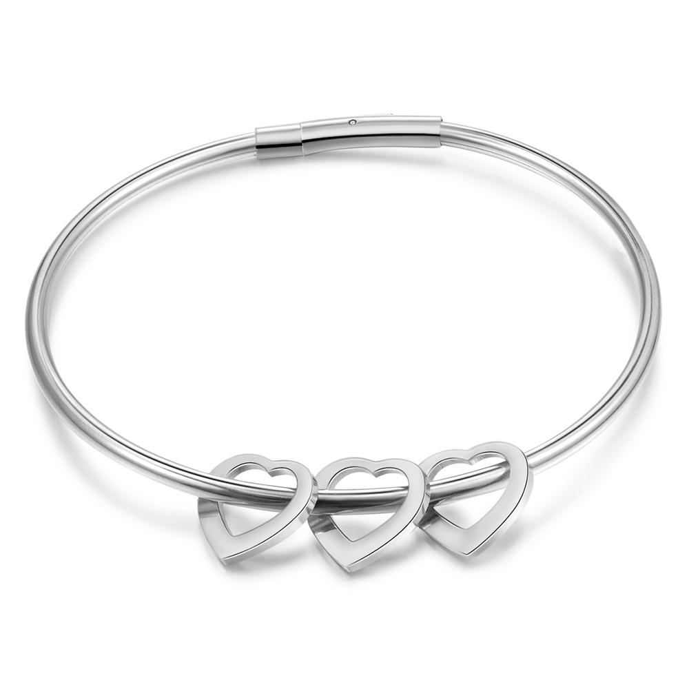 Women Bangle Bracelet with 3 Heart Pendant Engraved 3 Names Love Bracelet-Jessemade AU