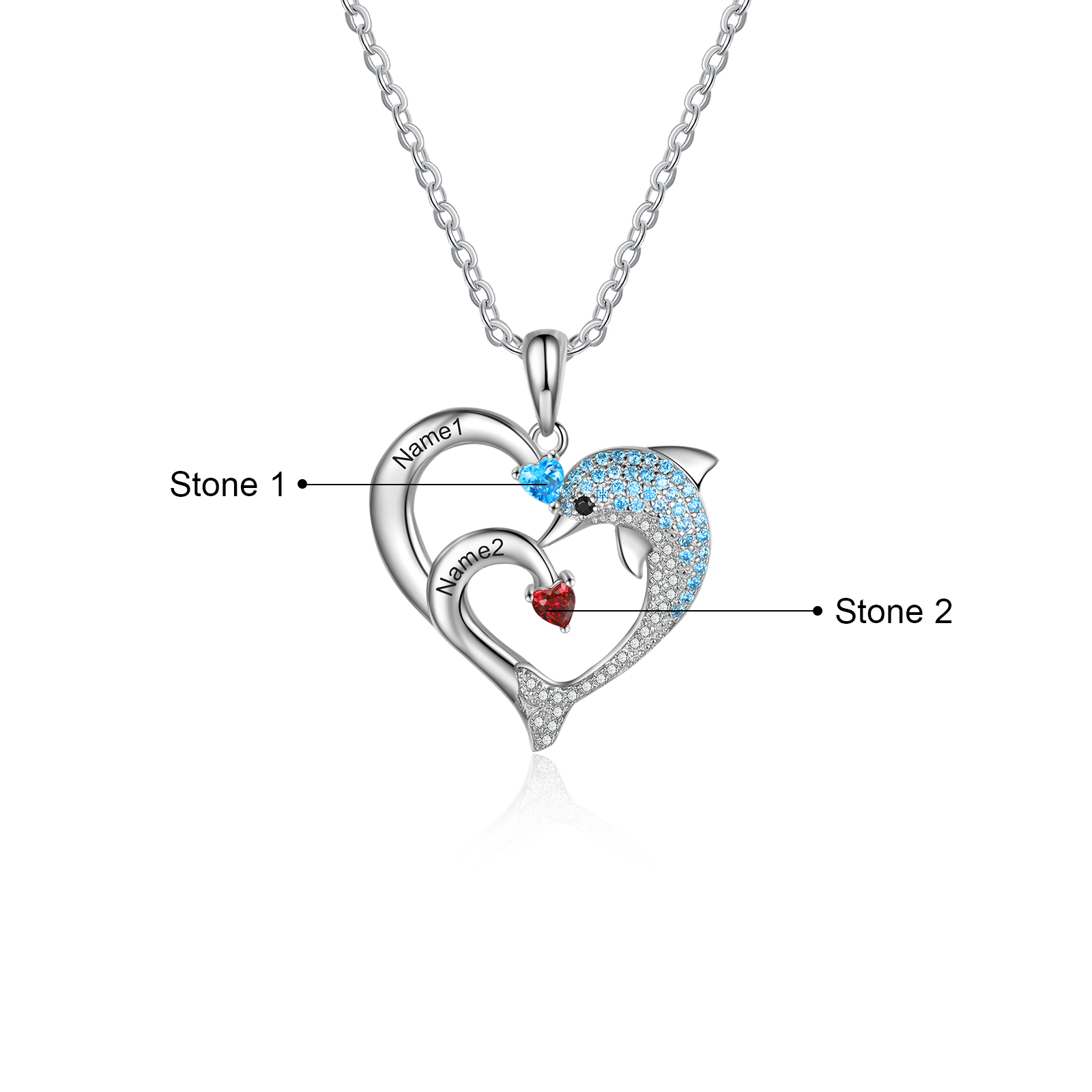 Personalised Heart Dolphin Necklace With 2 Birthstones Engraved Names Gift For Her-Jessemade AU
