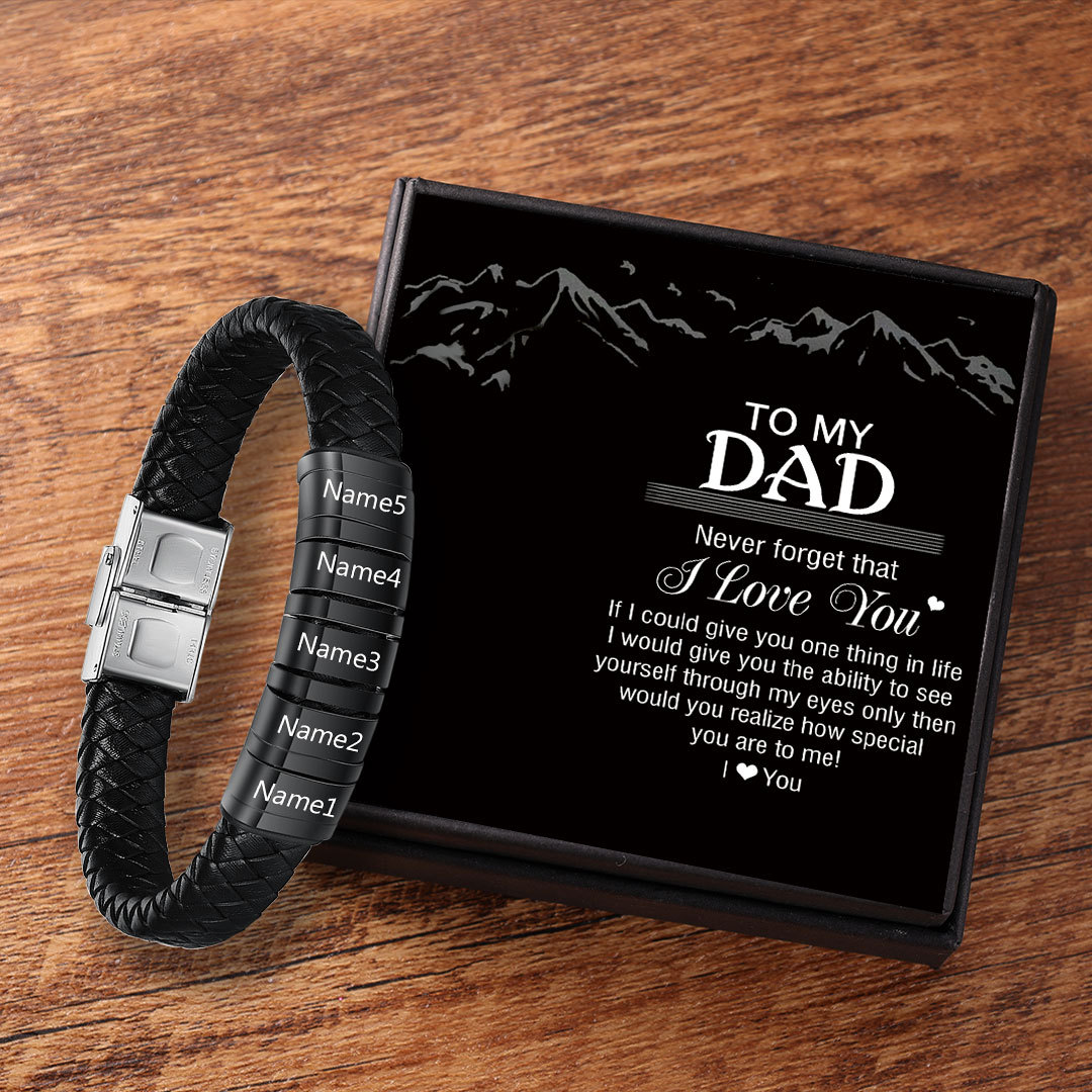 Men Leather Braided Bracelet Personalised with 5 Names 5 Beads Gift For Father's Day-Jessemade AU