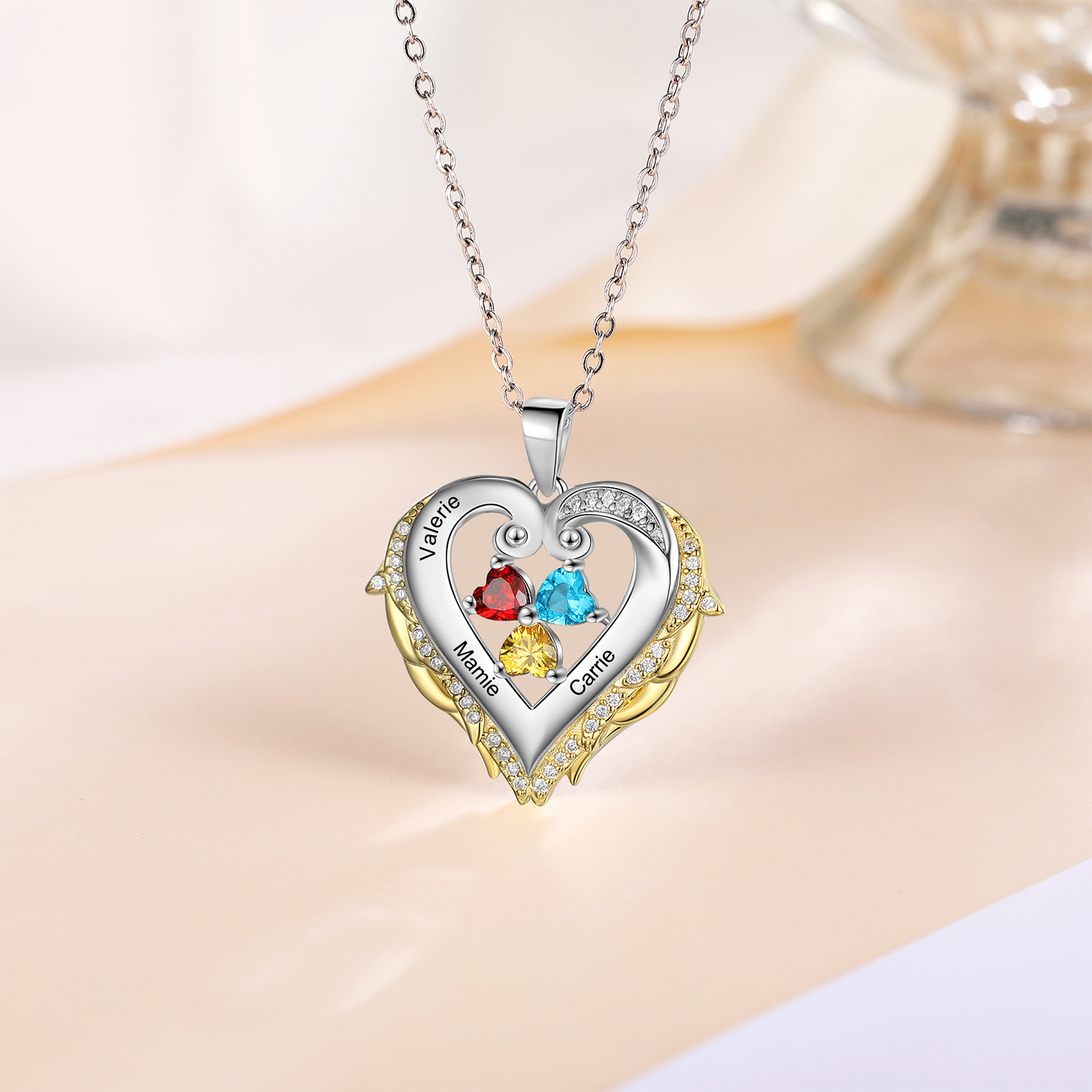 Personalised Heart Wings Necklace With 3 Birthstones Custom Names Gift For Her-Jessemade AU