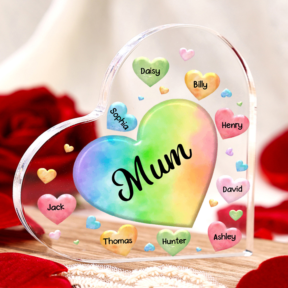 9 Names - Personalised Acrylic Heart Keepsake Custom Text Colourful Hearts Ornament Gift for Mother/Grandma-Jessemade AU