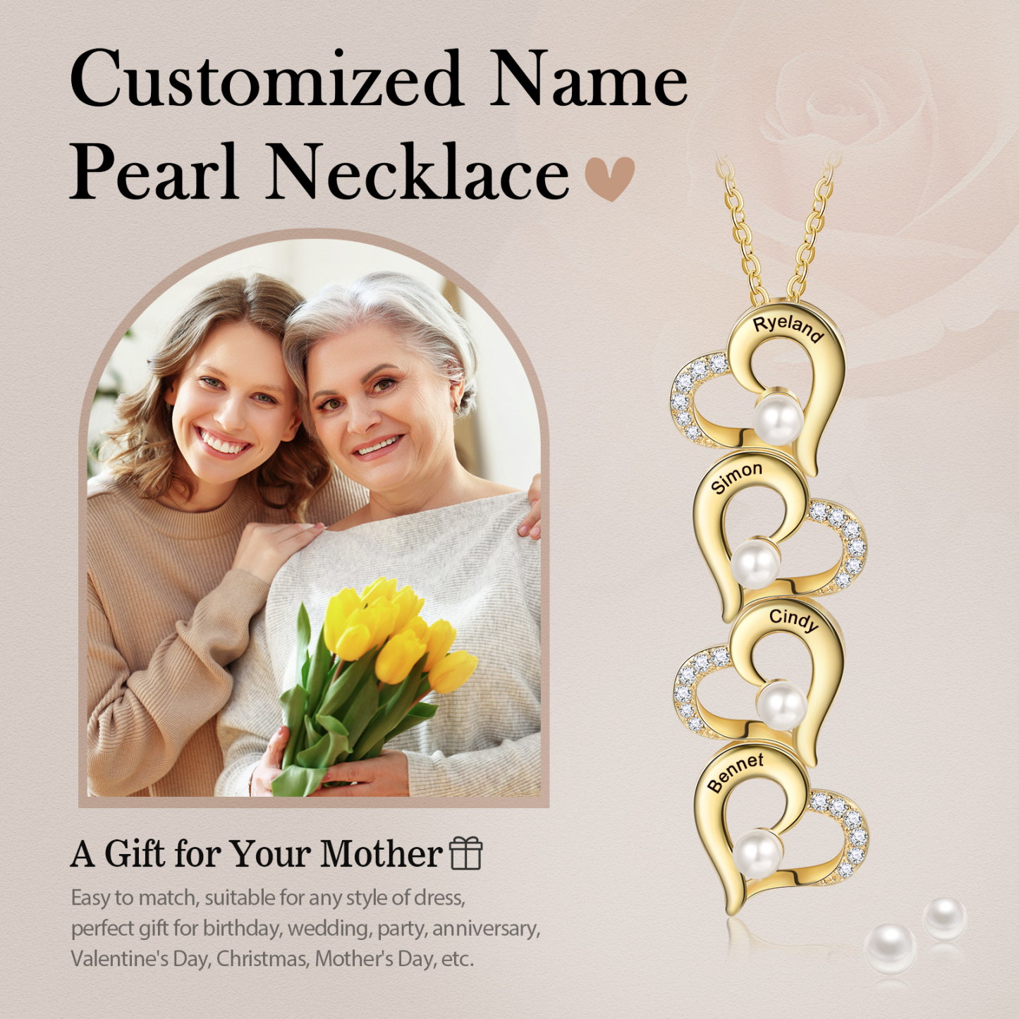 4 Names - Personalised Heart Shape Pendant Necklace Women's Customised Name Necklace Pearl Necklace Birthday Gift for Mother-Jessemade AU