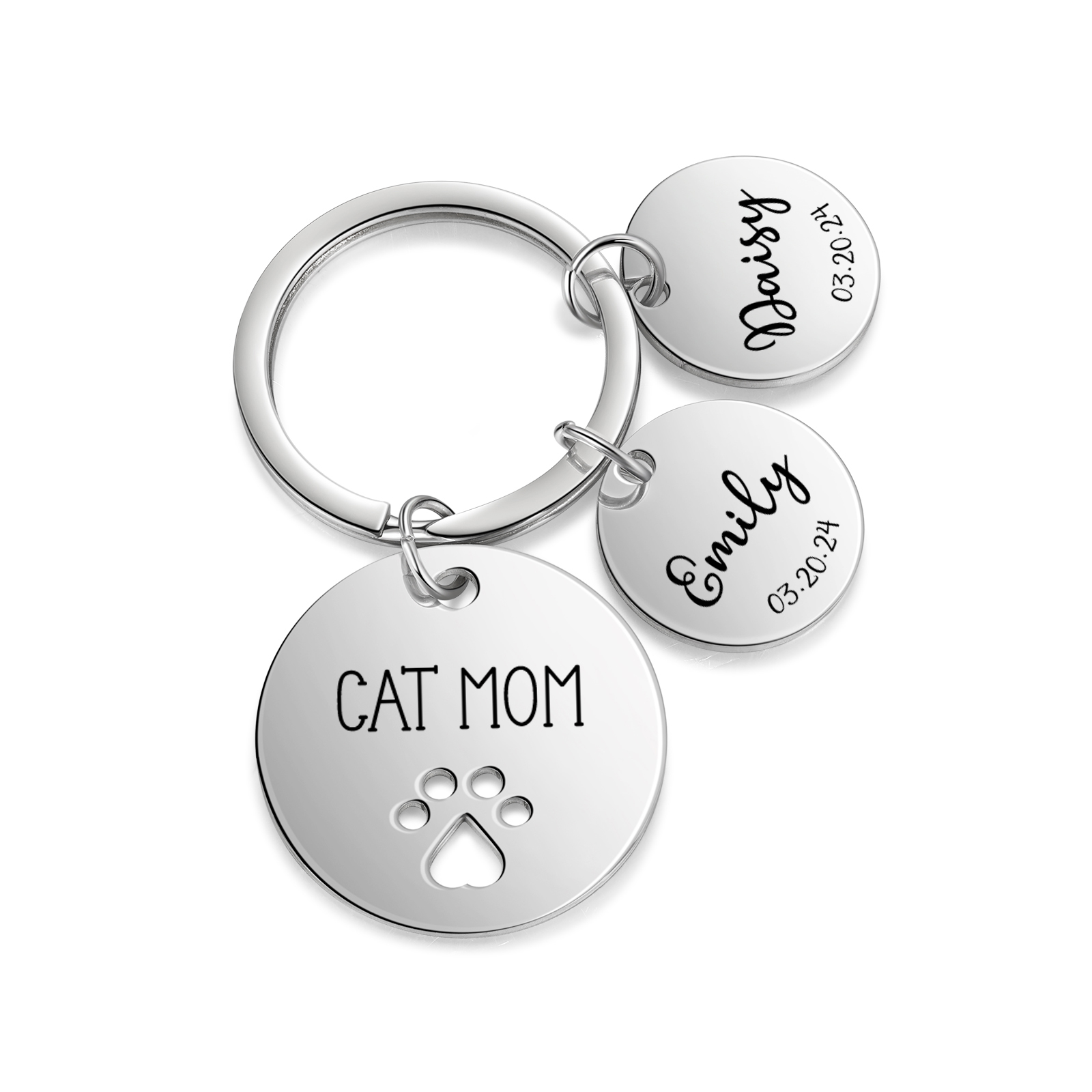 Personalised 2 Names & 2 Dates & 1 Text Keychain Cat Paw Circle Charm Keychain Gifts for Mother/Grandma-Jessemade AU