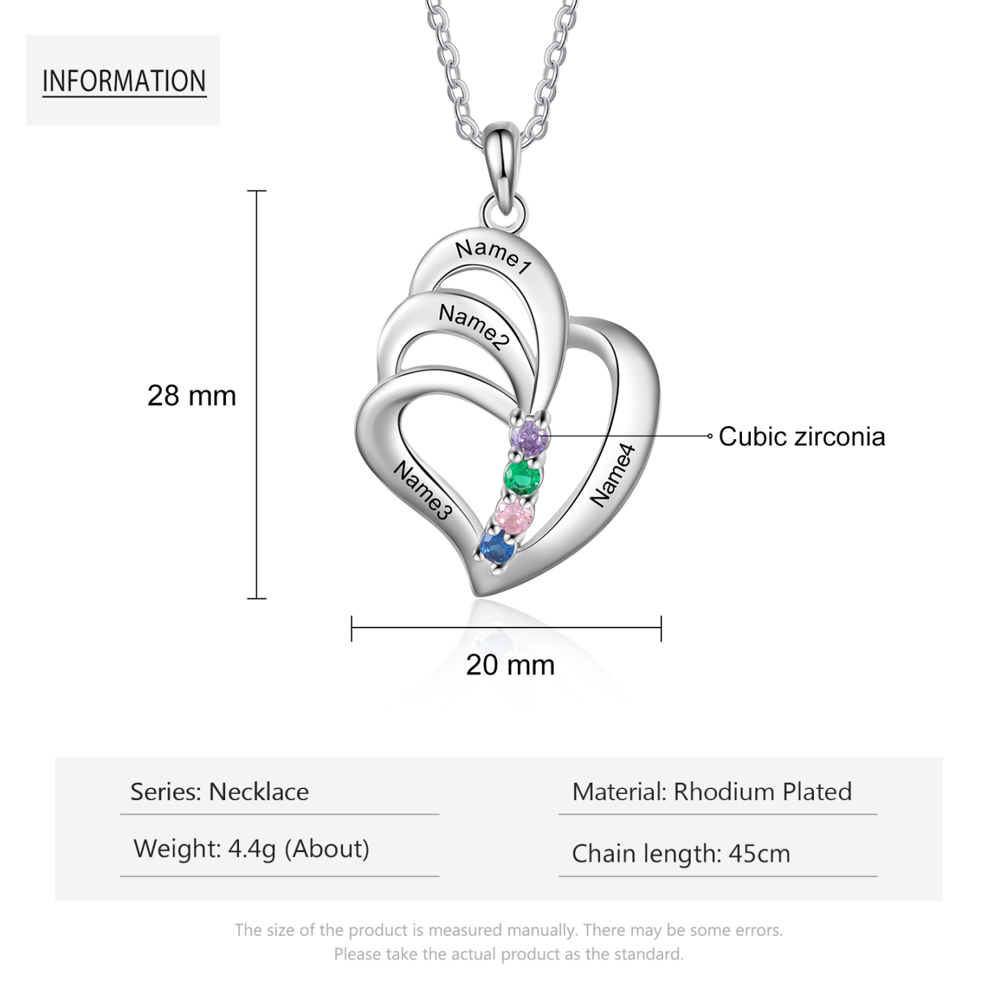 Personalised Heart Necklace With 4 Birthstones Engraved Names Gift For Her-Jessemade AU