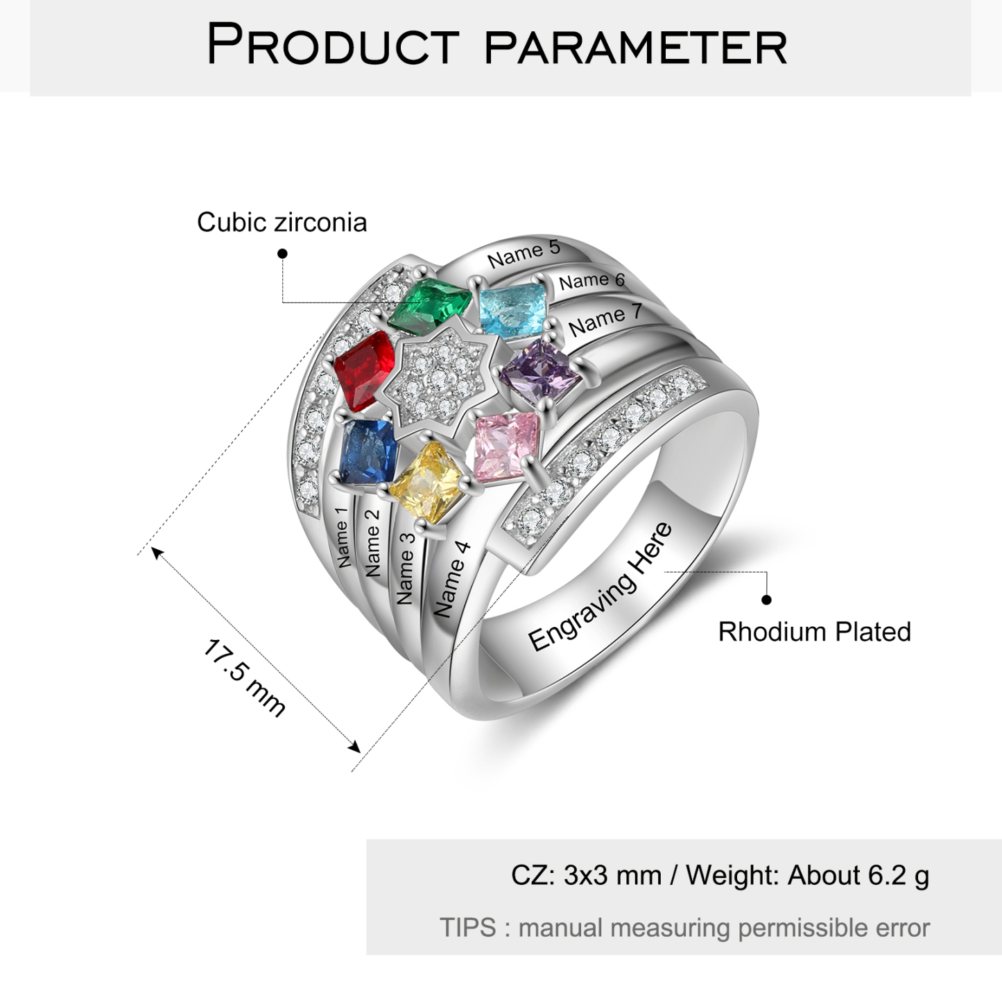 Personalised Mothers Ring With 7 Birthstones Engraved Names Ring Gift For Women-Jessemade AU