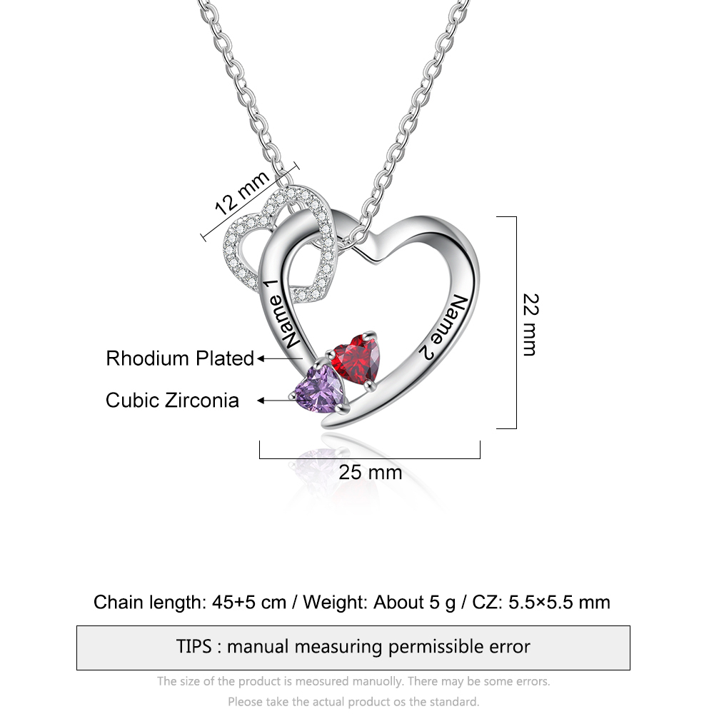 Personalised Heart Necklace With 2 Birthstones Engraved Names Gift For Women-Jessemade AU