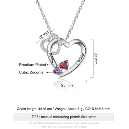 Personalised Heart Necklace With 2 Birthstones Engraved Names Gift For Women-Jessemade AU