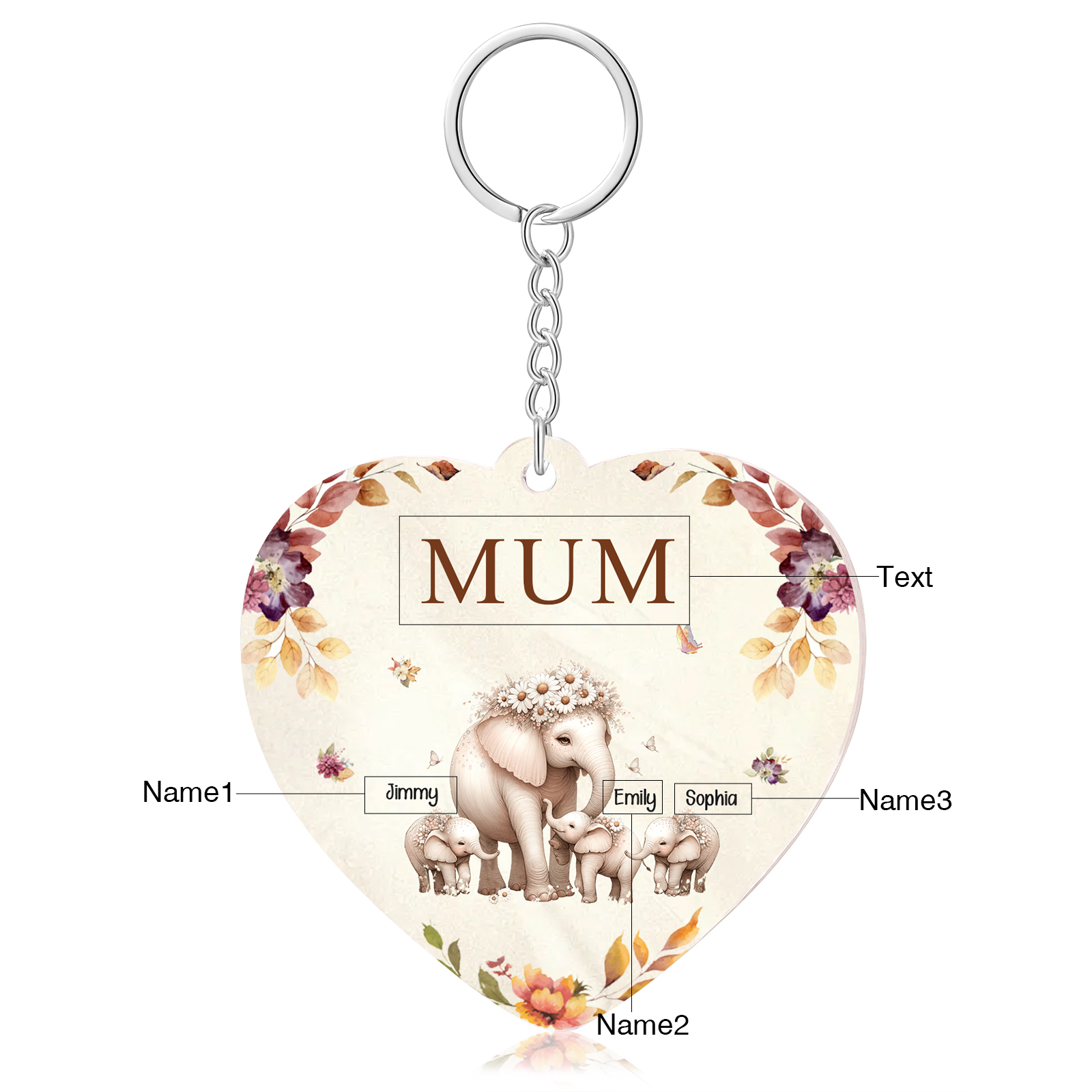 3 Names - Personalised Acrylic Keychain Custom 1 Text Elephant Family Hanging Ornaments Gift for Mum/Grandma-Jessemade AU