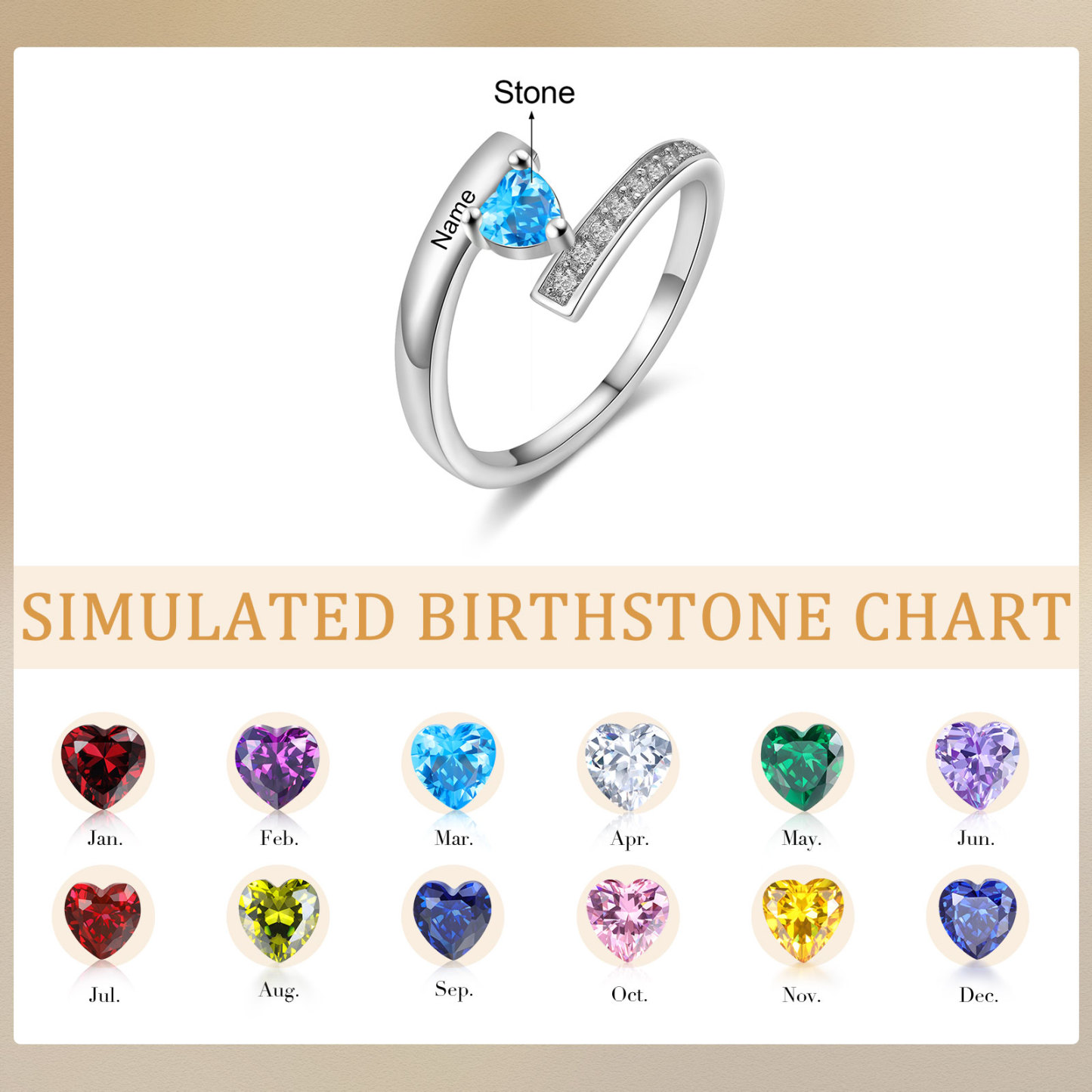 Personalised Heart Birthstone Ring Customised Name Ring Gift for Women Girls-Jessemade AU