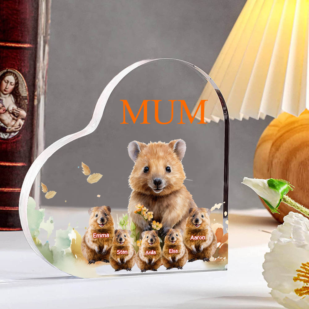 Personalised Acrylic Heart Keepsake Custom 1 Text & 5 Names Ornament Quokka Family Gift for Mother/Grandma-Jessemade AU