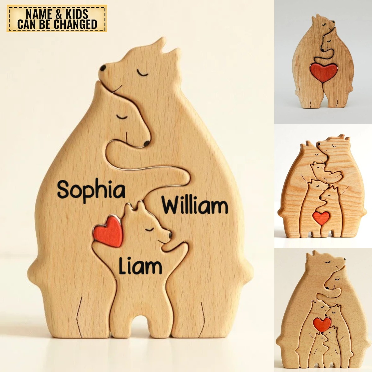 Personalised Wooden Bears Family Puzzle Custom 4 Names Gifts for Family-Jessemade AU
