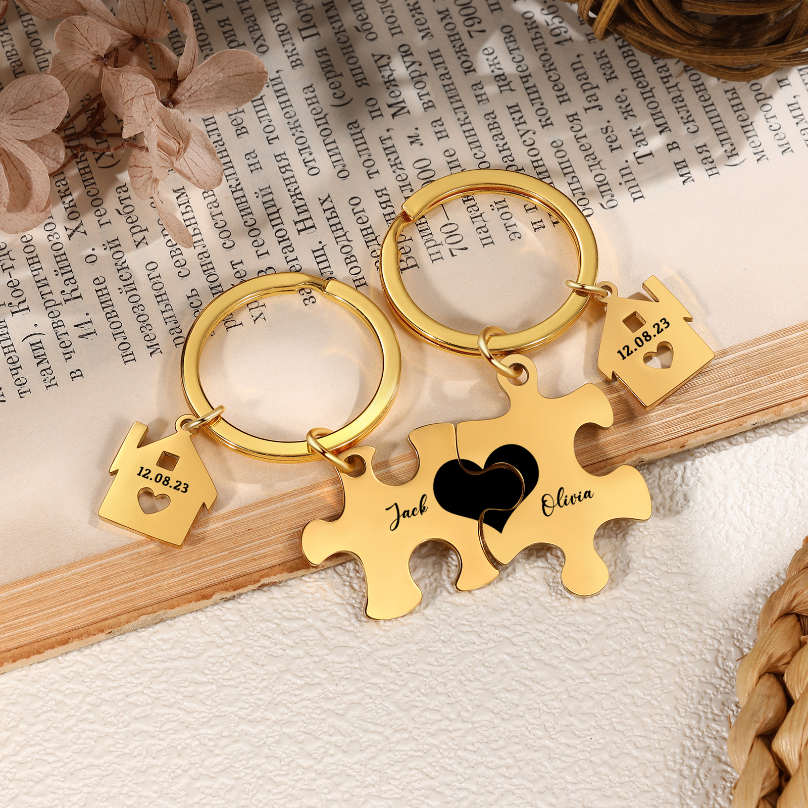 2 PCS Couple Keychain Set Custom 2 Names & Date Keyring Puzzle Keychain Valentine's Day Personalised Gift for Him/Her-Jessemade AU
