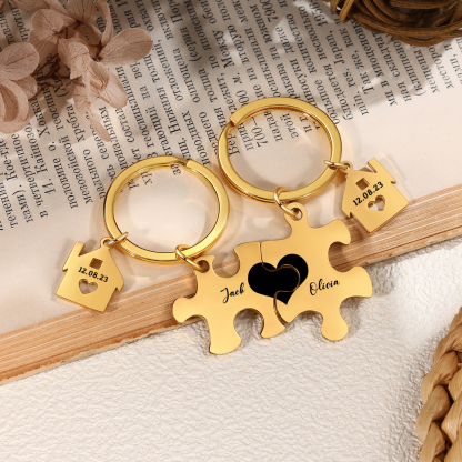 2 PCS Couple Keychain Set Custom 2 Names & Date Keyring Puzzle Keychain Valentine's Day Personalised Gift for Him/Her-Jessemade AU