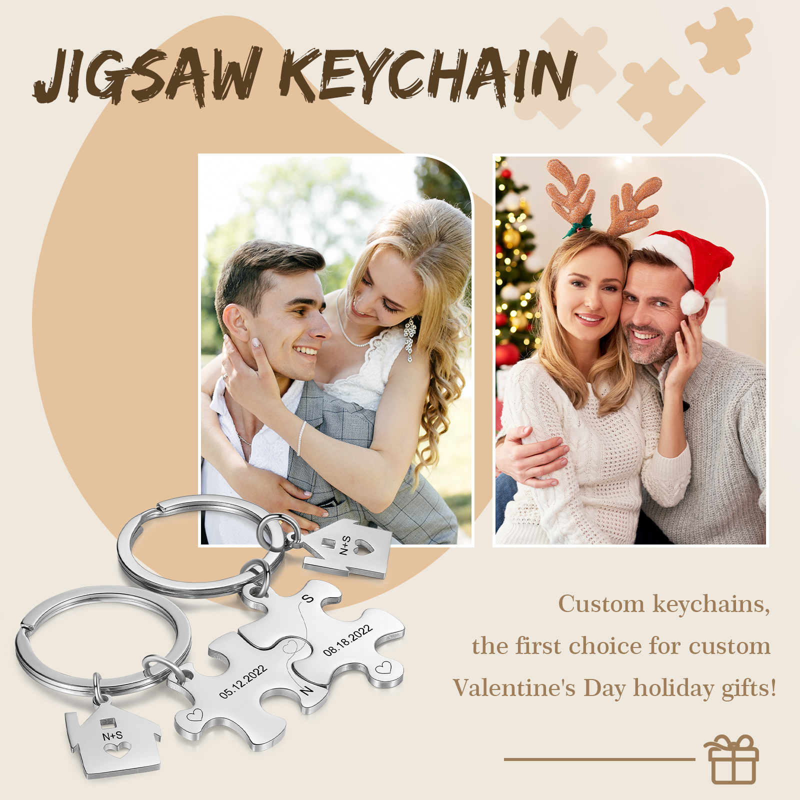 2 PCS Couple Keychain Set Custom 2 Dates & 2 Letters Keyring Puzzle Keychains Valentine's Day Personalised Gift for Him/Her-Jessemade AU