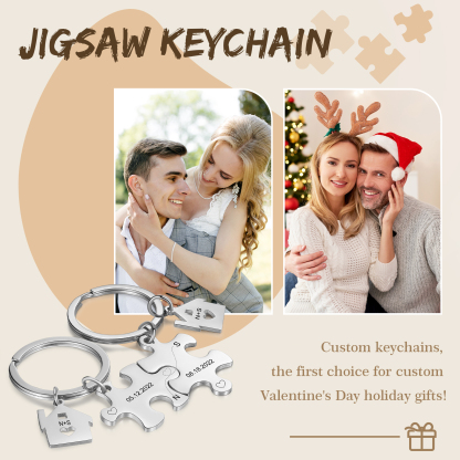 2 PCS Couple Keychain Set Custom 2 Dates & 2 Letters Keyring Puzzle Keychains Valentine's Day Personalised Gift for Him/Her-Jessemade AU