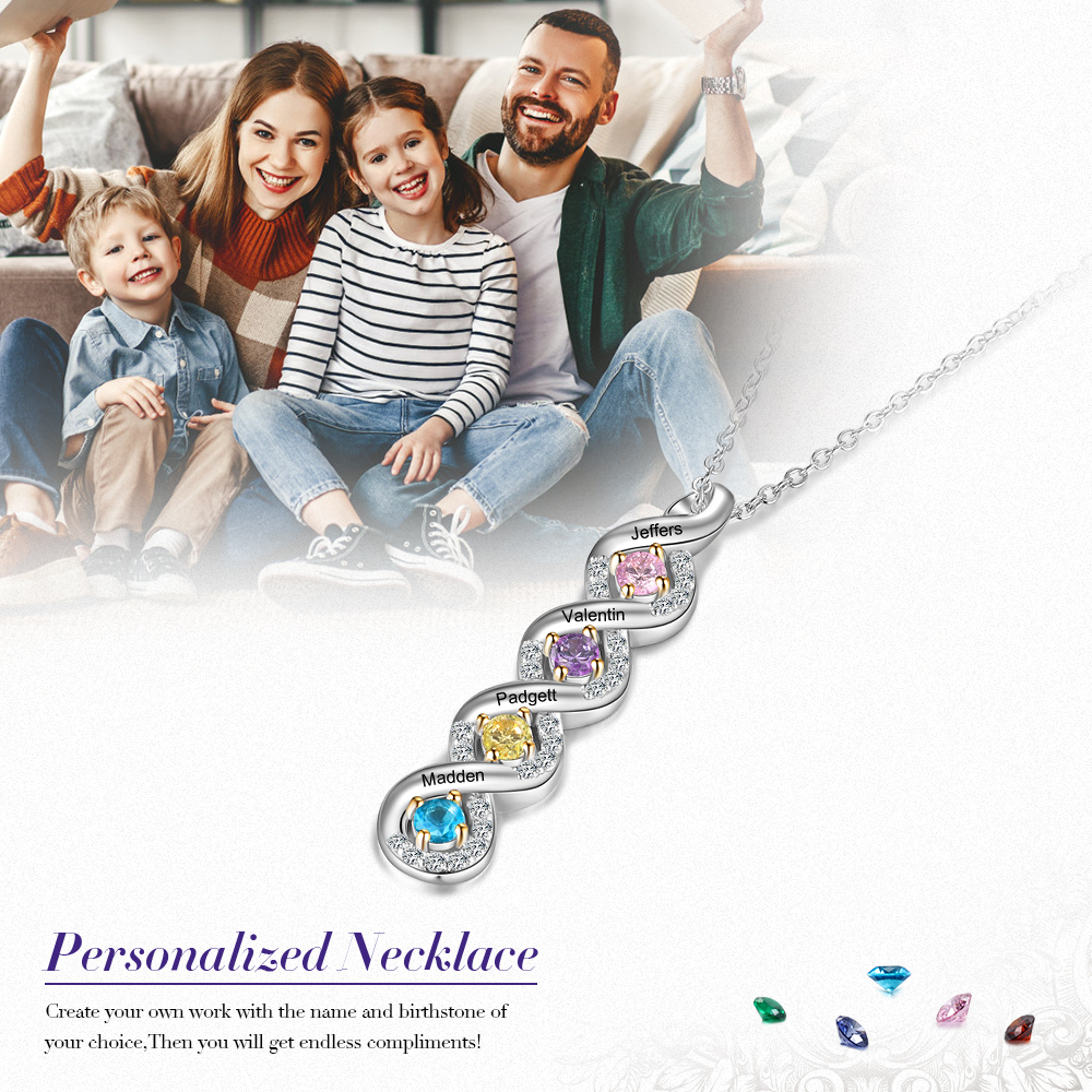 Personalised DNA Necklace With 4 Birthstones Engraved Names Gift For Women-Jessemade AU