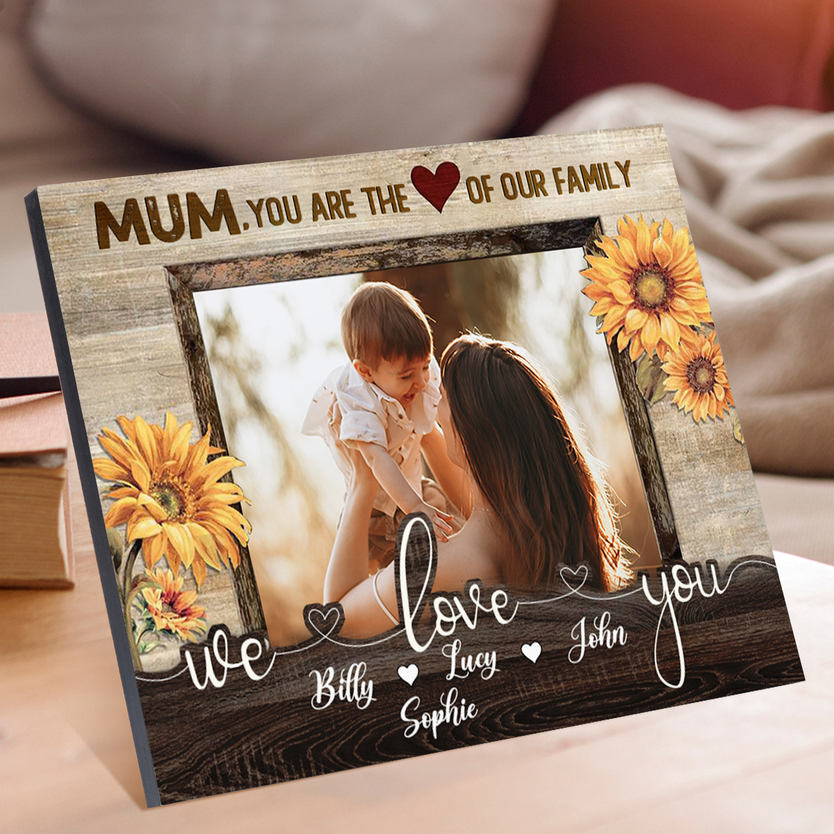 Personalised 4 Names & 1 Photo Wooden Plaque Custom Sunflower Home Decor Gifts for Mum - You Are The Heart/Love Of Our Family-Jessemade AU