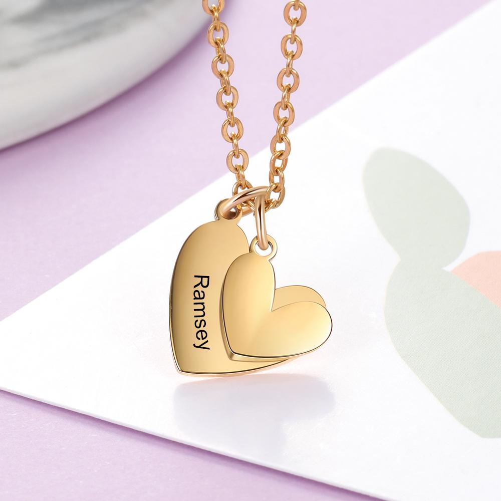 Two Heart Pendant Necklace Engraved Name with Heart Charms Gifts for Her-Jessemade AU