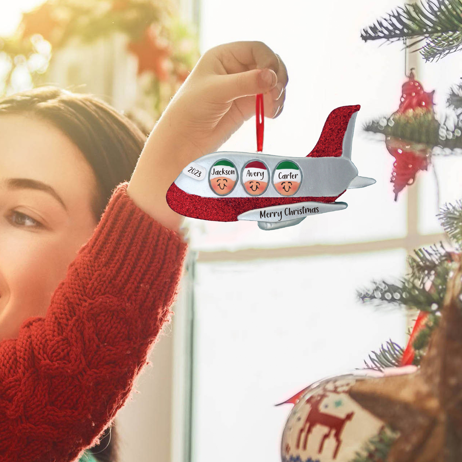 3 Names - Personalised Christmas Ornaments Custom Text & Year Wooden Airplane Christmas Decor Gifts for Family Friends-Jessemade AU