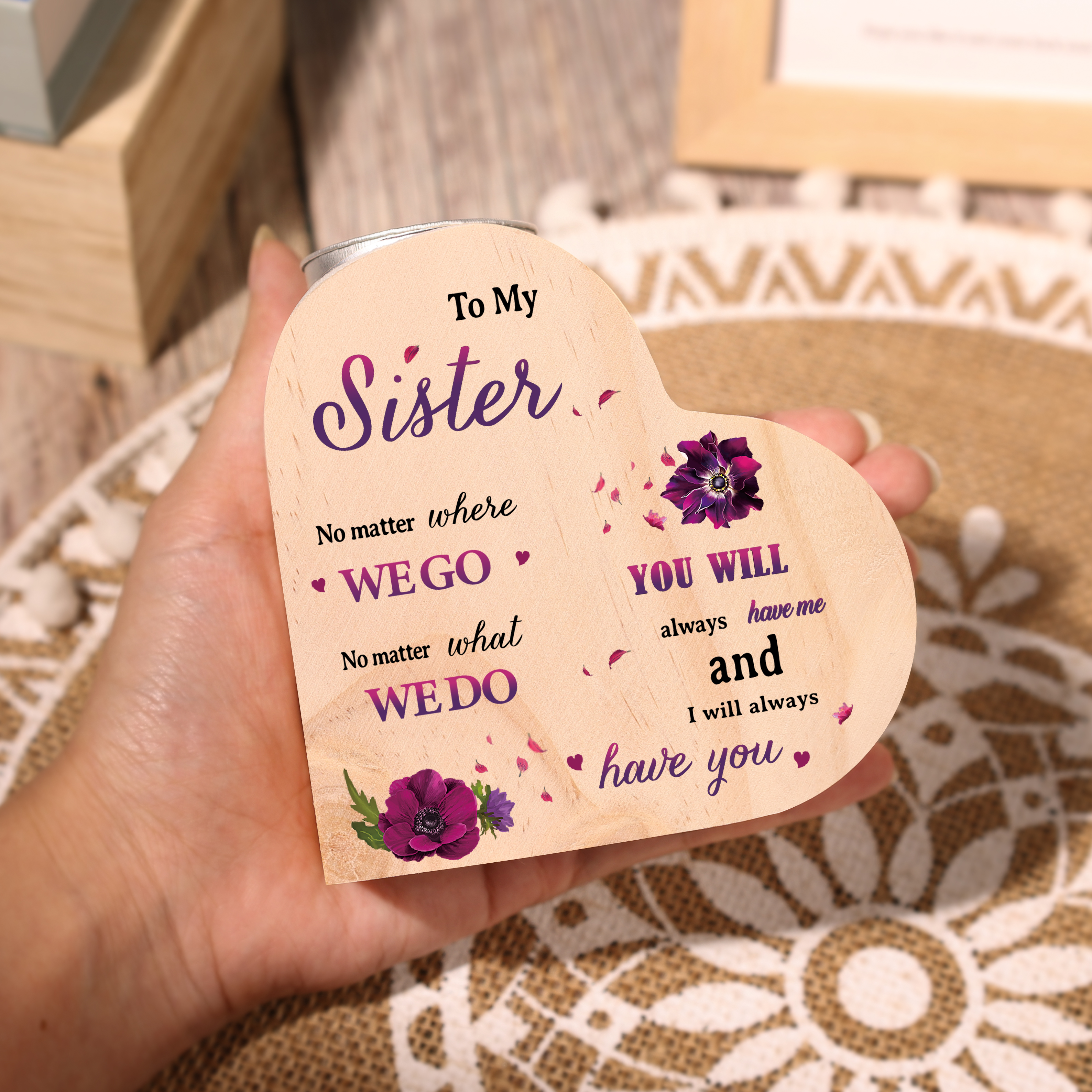 To My Sister Violet Flowers Heart Candle Holder "I will always have you" Wooden Candlestick Gifts-Jessemade AU
