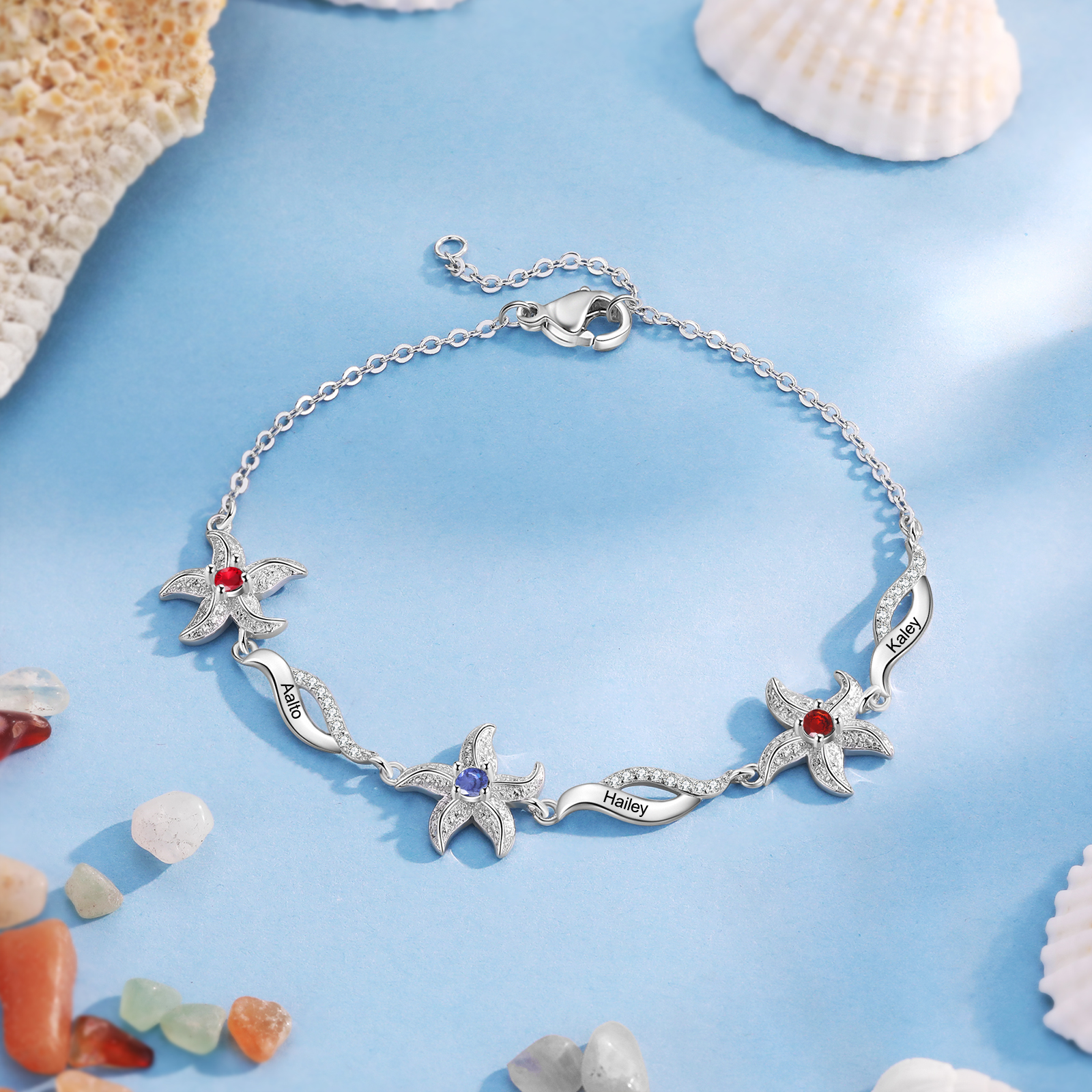 Personalised Women's Bracelet Custom 3 Birthstones Bracelet Starfish Adjustable Bracelet Mother's Day Gift for Her-Jessemade AU