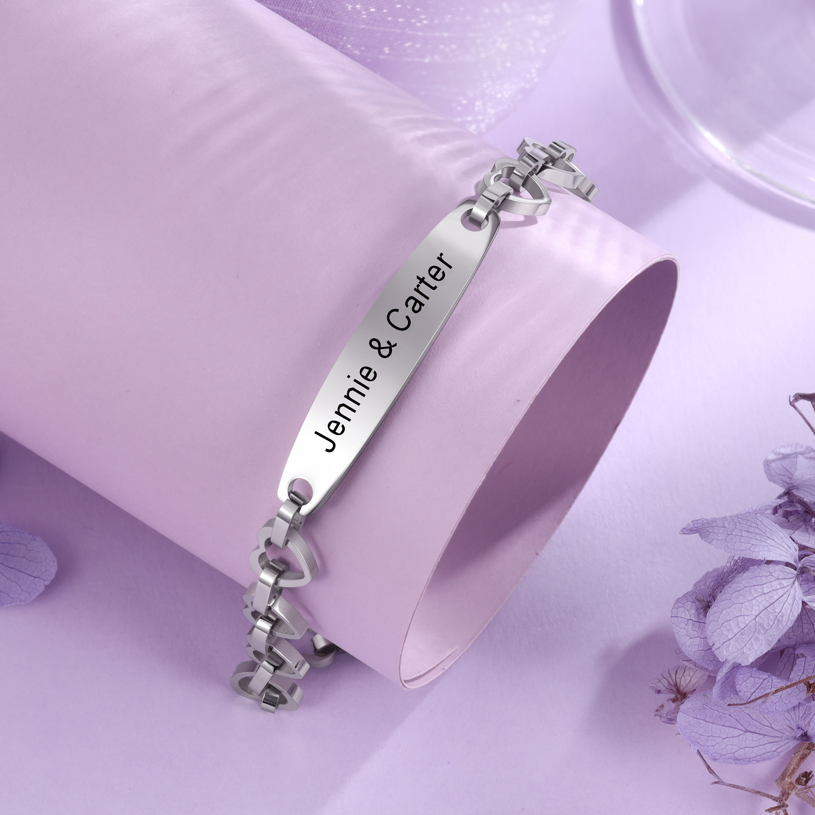 Personalised ID Bar Heart Chain Bracelets Custom Names Couple Bracelets-Jessemade AU