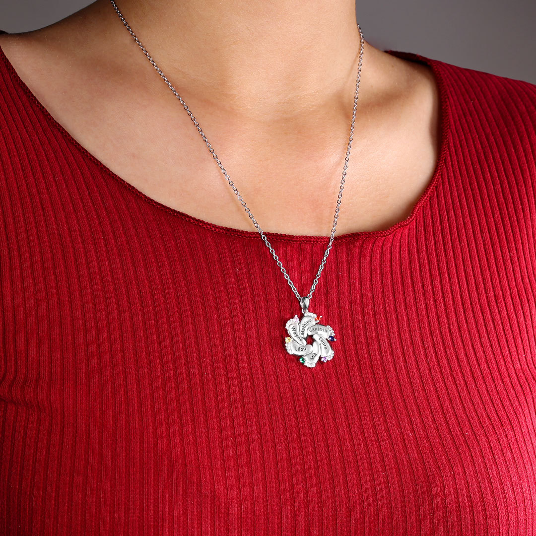 Personalised Baby Foot Necklace With 6 Birthstones Engraved Names Gift For Mother-Jessemade AU