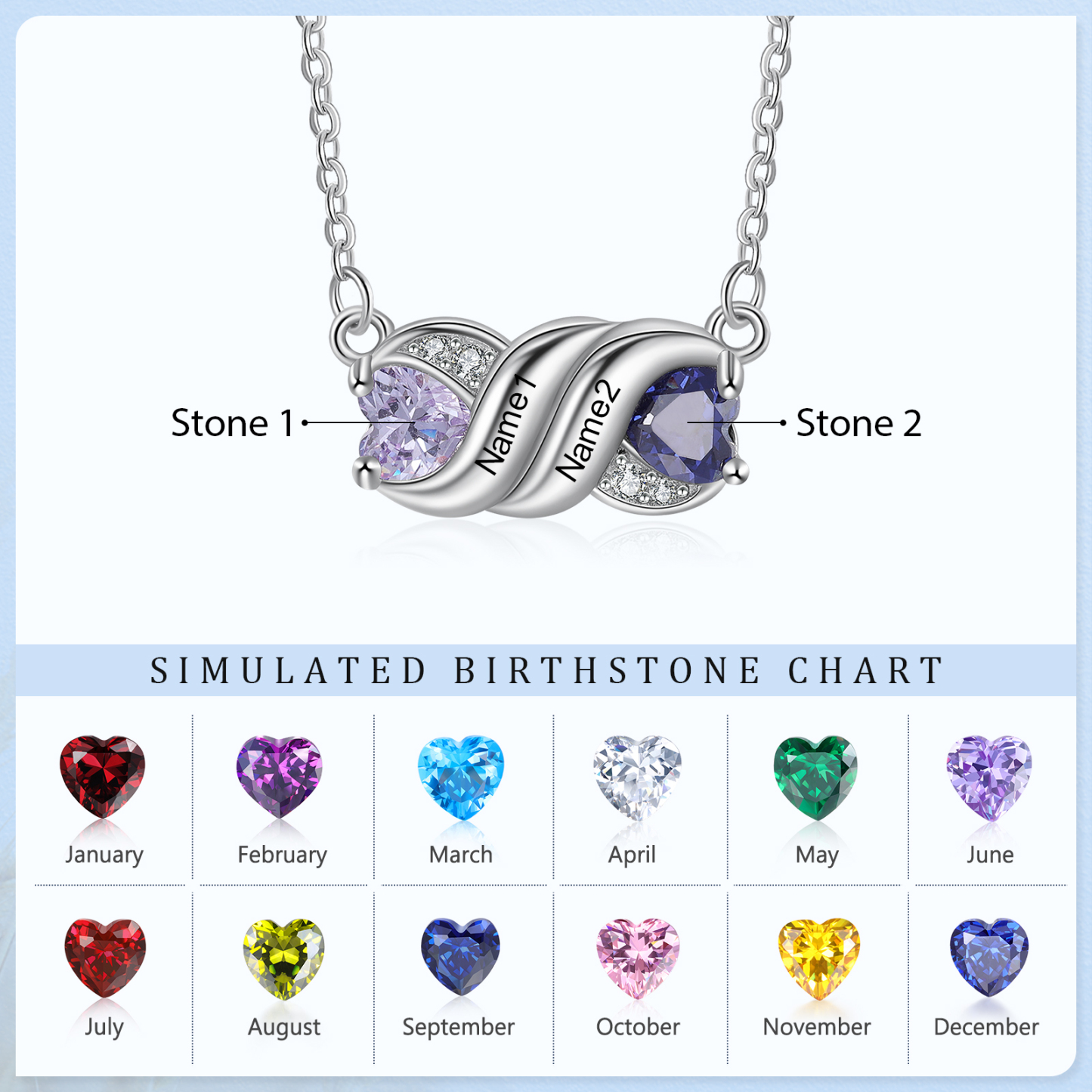 Personalised Heart Birthstone Necklace Custom 2 Names Overlap Necklace Gifts for Her-Jessemade AU