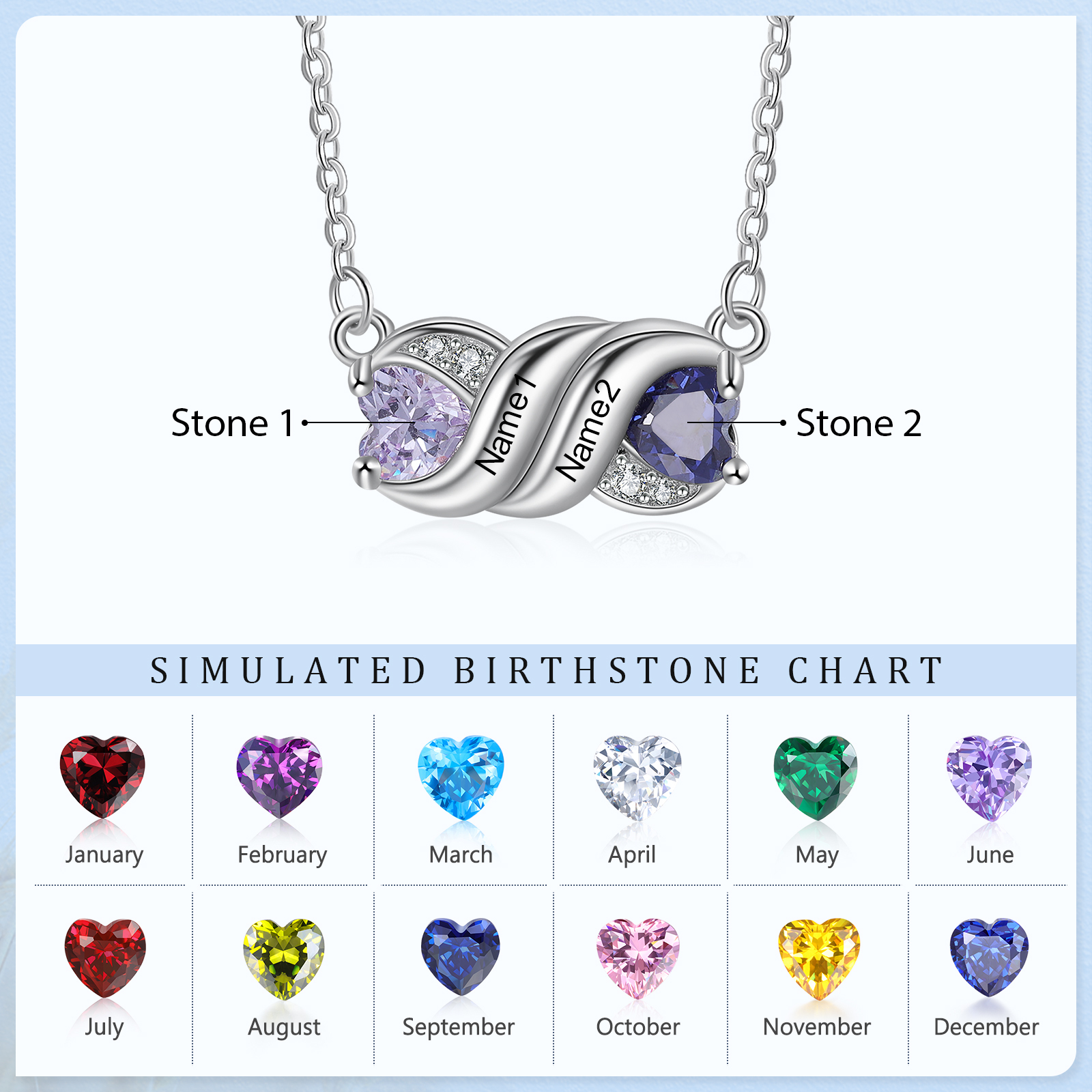 Personalised Heart Birthstone Necklace Custom 2 Names Overlap Necklace Gifts for Her-Jessemade AU