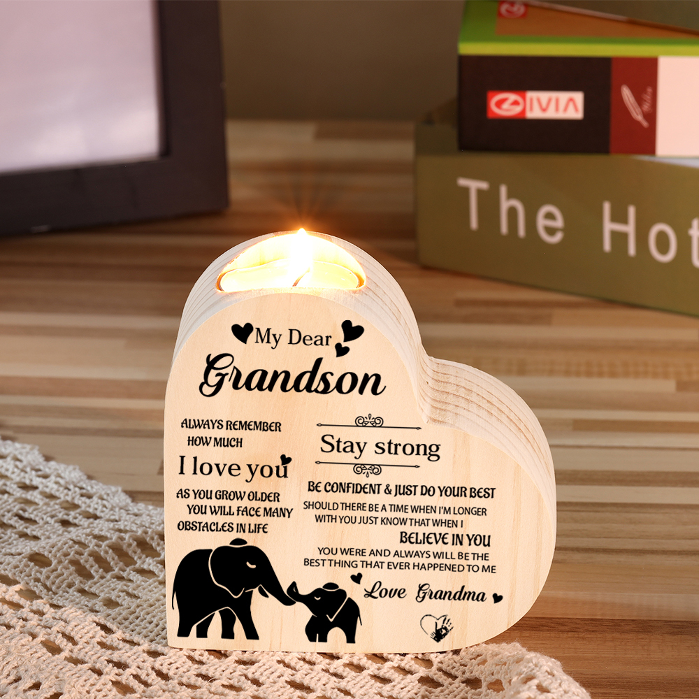 To My Grandson Wooden Heart Candle Holder "remember how much I love you"-Jessemade AU