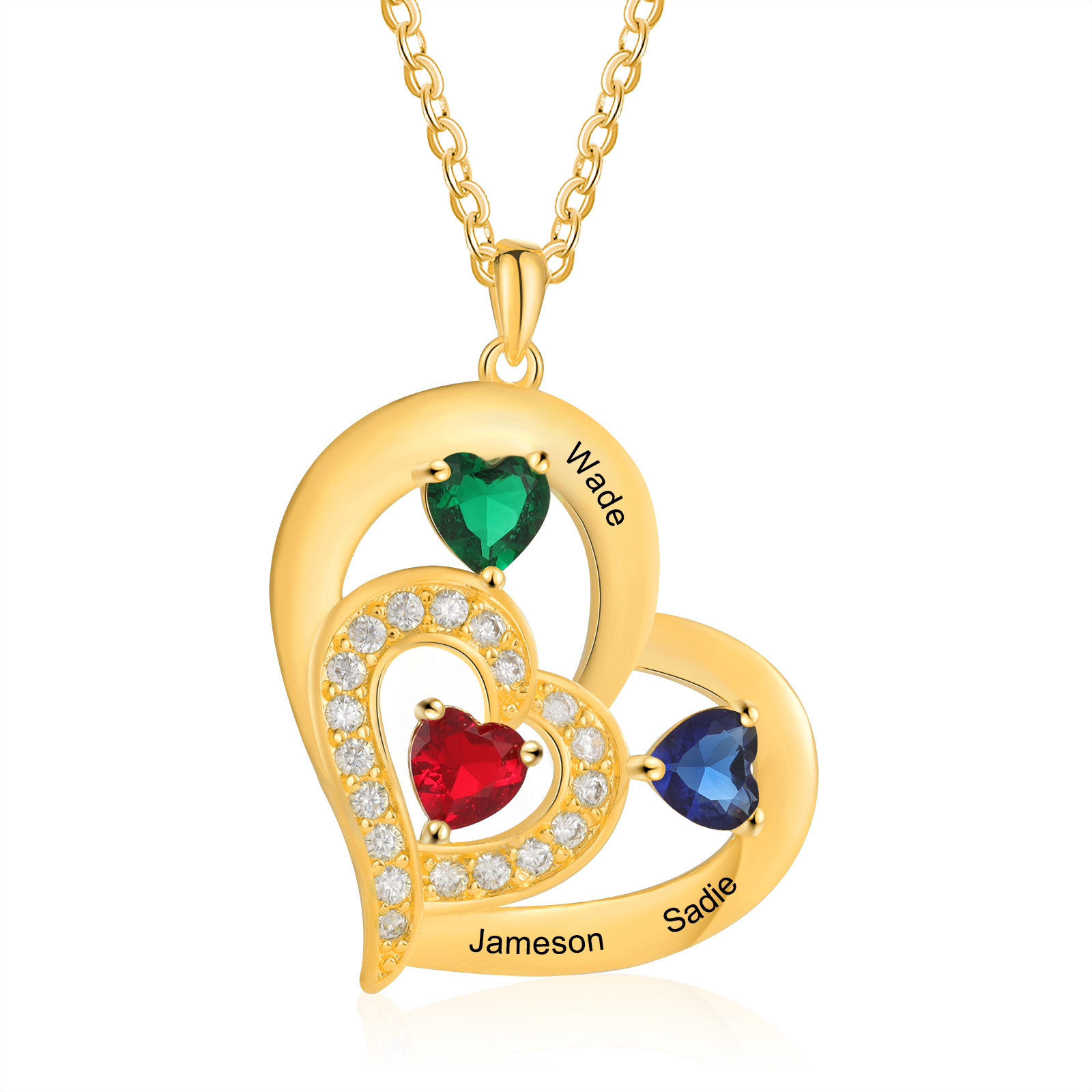 3 Names - Personalised Heart Pendant Necklace Customised Names & Birthstones Necklace Birthday Gift for Her-Jessemade AU