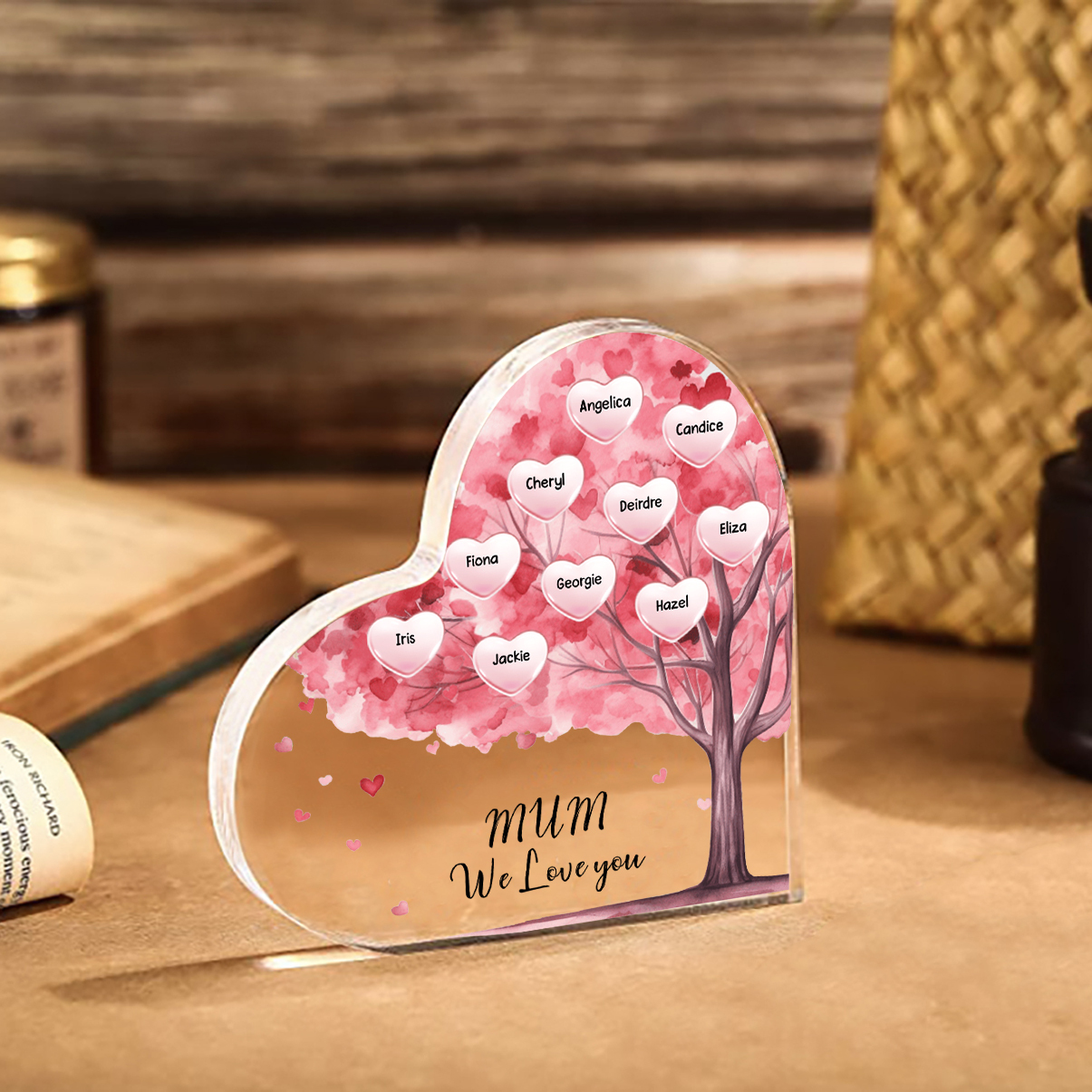 Personalised Text Acrylic Heart Keepsake Custom 1–12 Names Pink Purple Tree Ornaments Gifts for Grandma/Mother-Jessemade AU