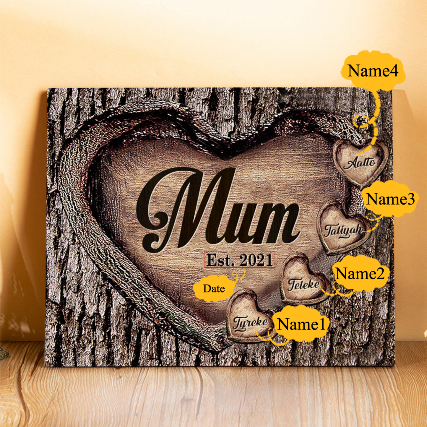 4 Names - Personalised Mum Wooden Plaque Custom Date & Names Home Decoration Hearts Gift for Mother-Jessemade AU