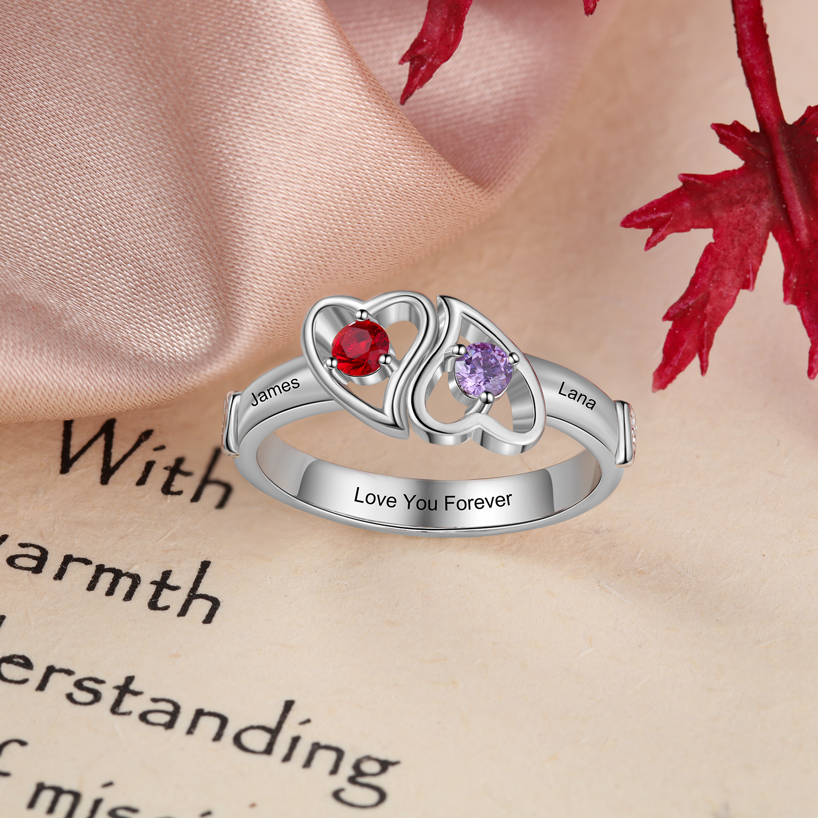 Personalised Heart Ring With 2 Birthstones Engraved Names Ring Gift For Women-Jessemade AU