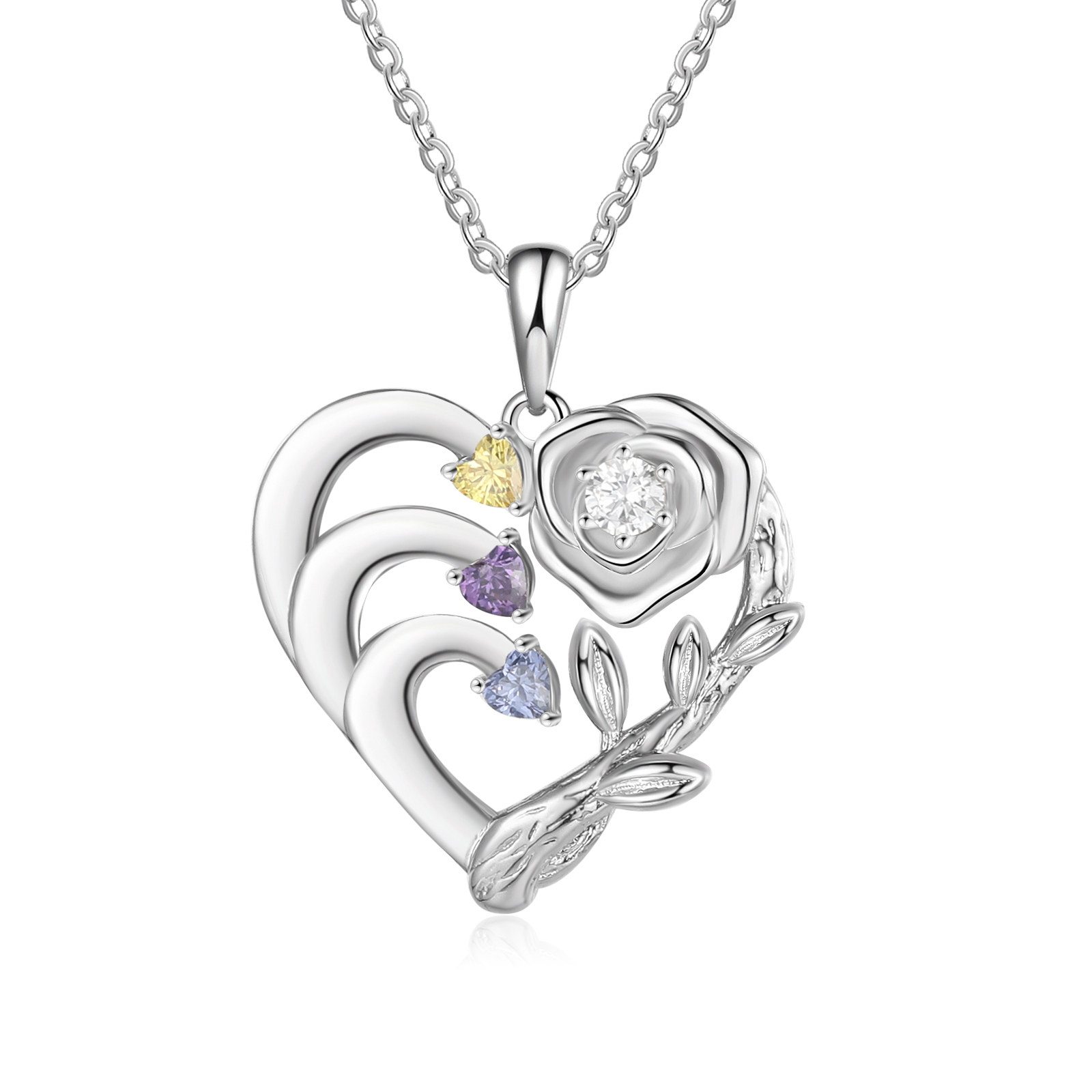 Personalised Rose Necklace with Birthstones Engraved 3 Names Intertwined Heart Pendant Necklace Gifts for Mother-Jessemade AU