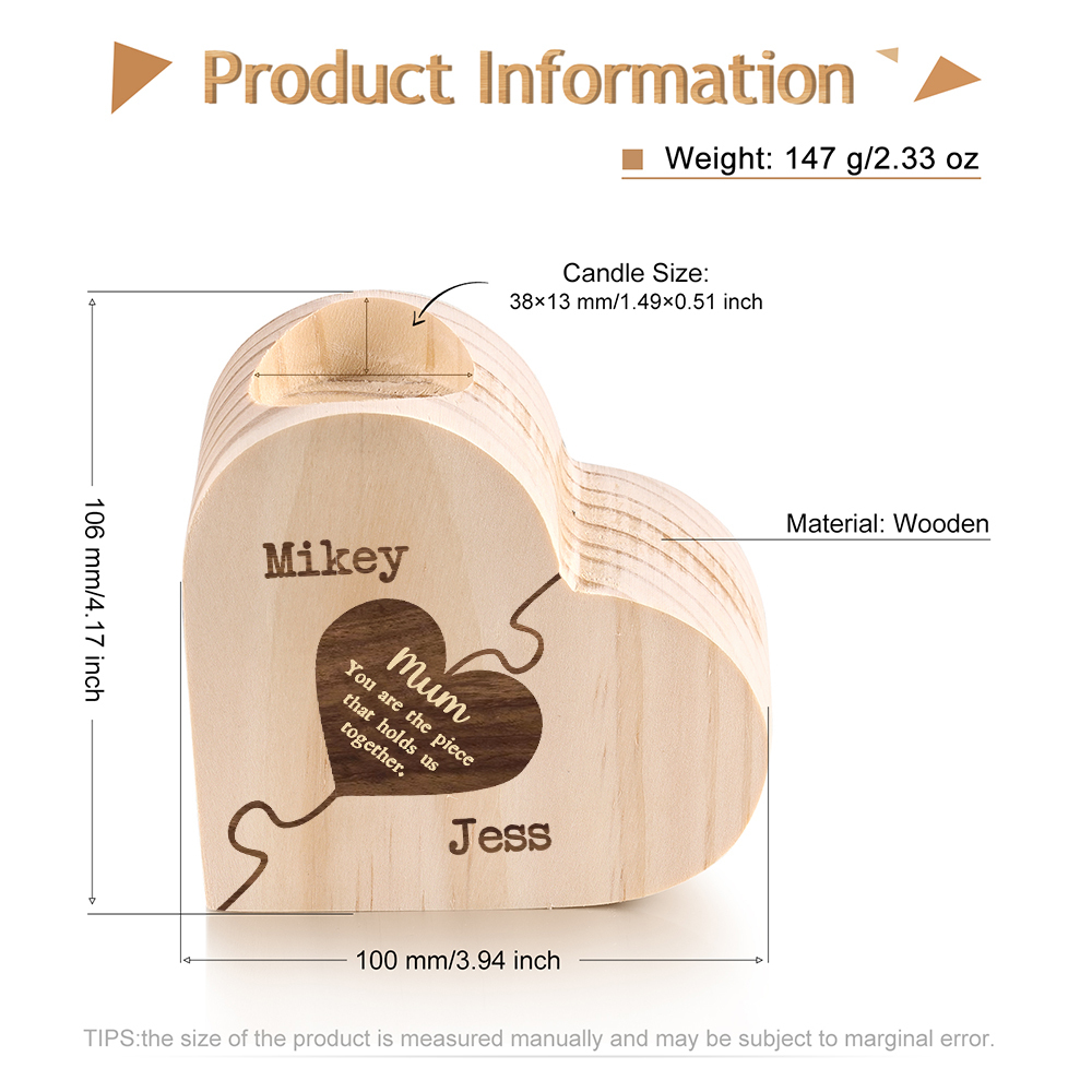 To My Mum Personalised 2 Names Puzzle Candle Holder Wooden Candlestick "You Are The Piece That Holds Us Together"-Jessemade AU