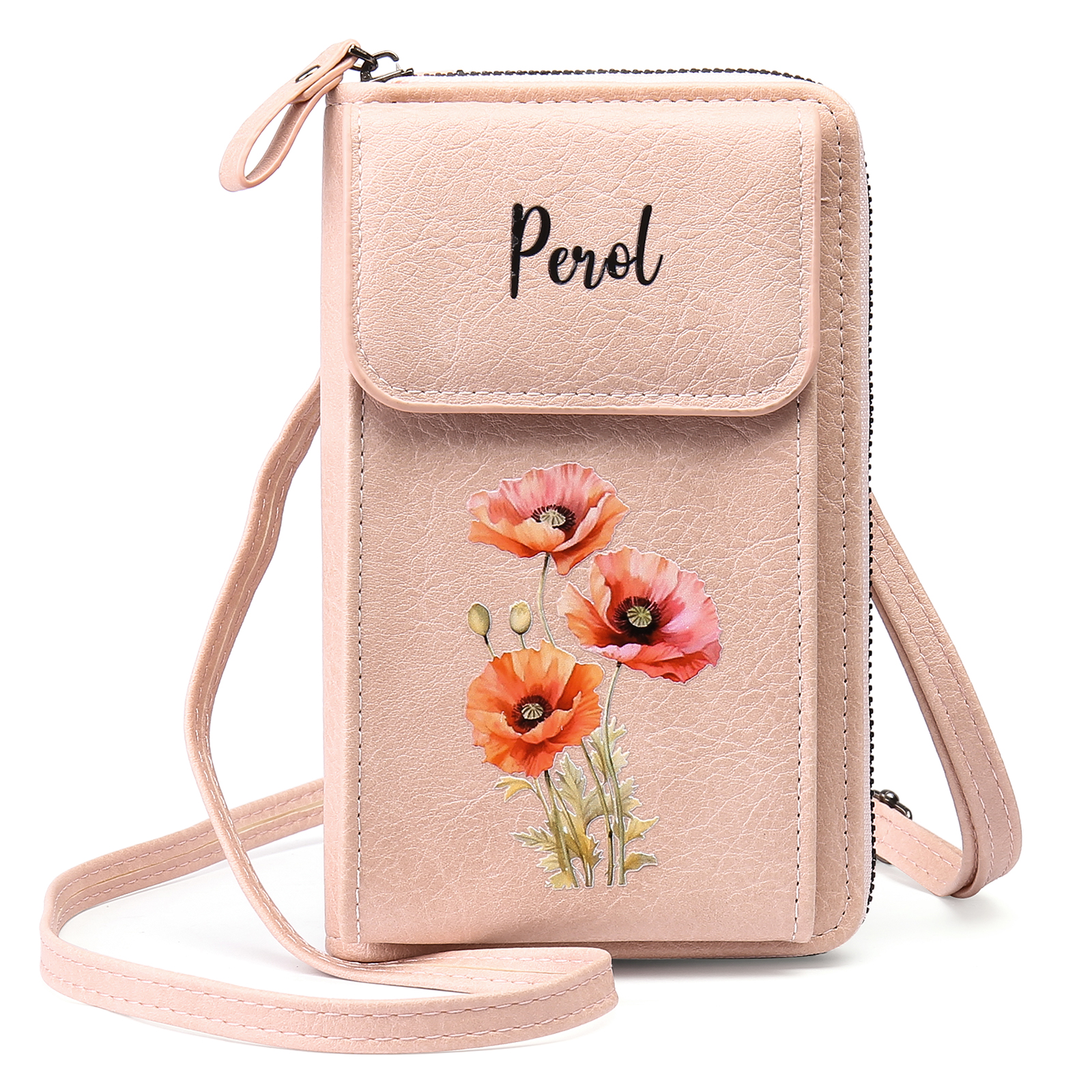 Personalised Women's Leather Wallet Custom Birthday Flower & Name Mobile Phone Wallet Zipper Crossbody Bag