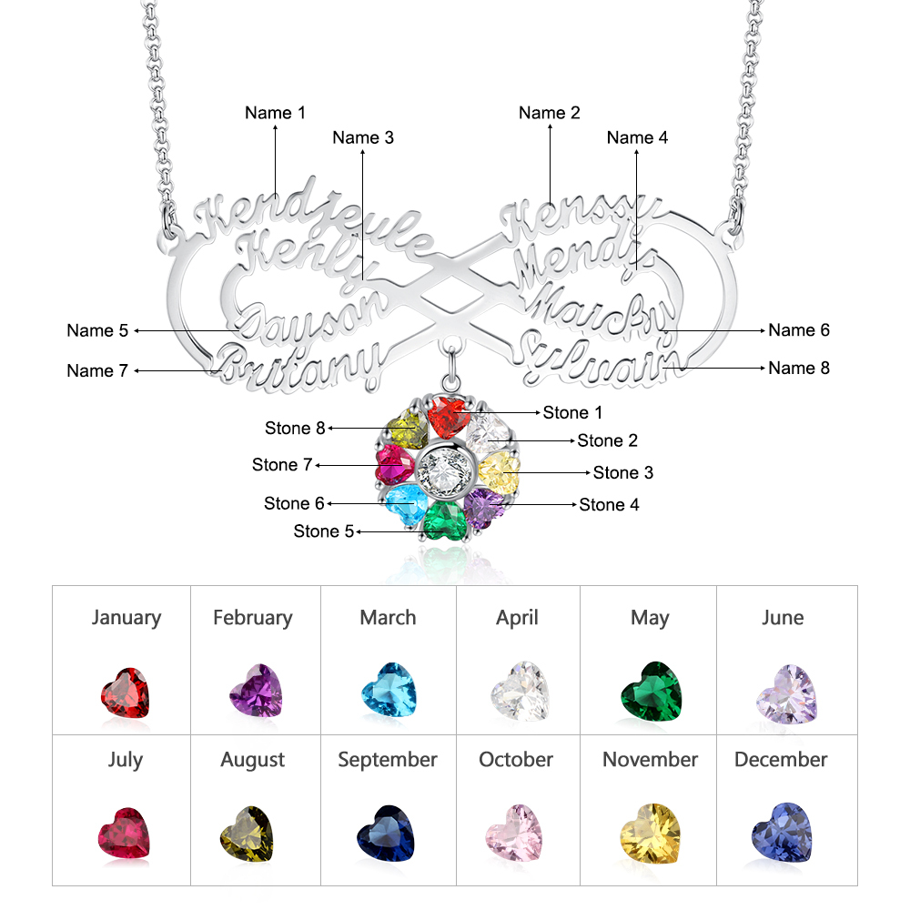 Personalised Infinity Necklace With 8 Birthstones Engraved Names Necklace Gift For Women-Jessemade AU