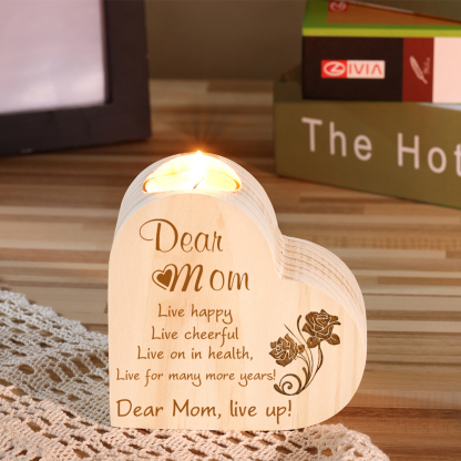 To My Dear Mom Heart Candle Holder Wooden Candlestick "live happy live cheerful"-Jessemade AU