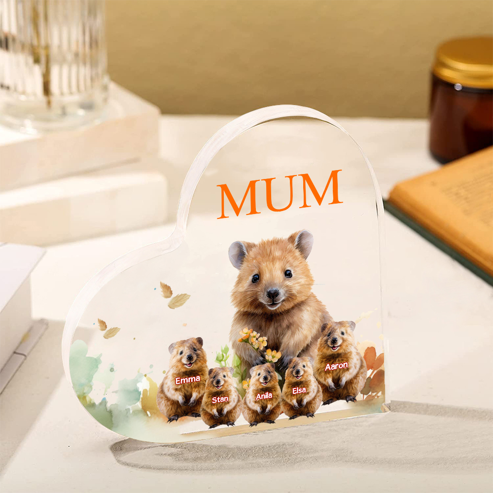 Personalised Acrylic Heart Keepsake Custom 1 Text & 5 Names Ornament Quokka Family Gift for Mother/Grandma-Jessemade AU