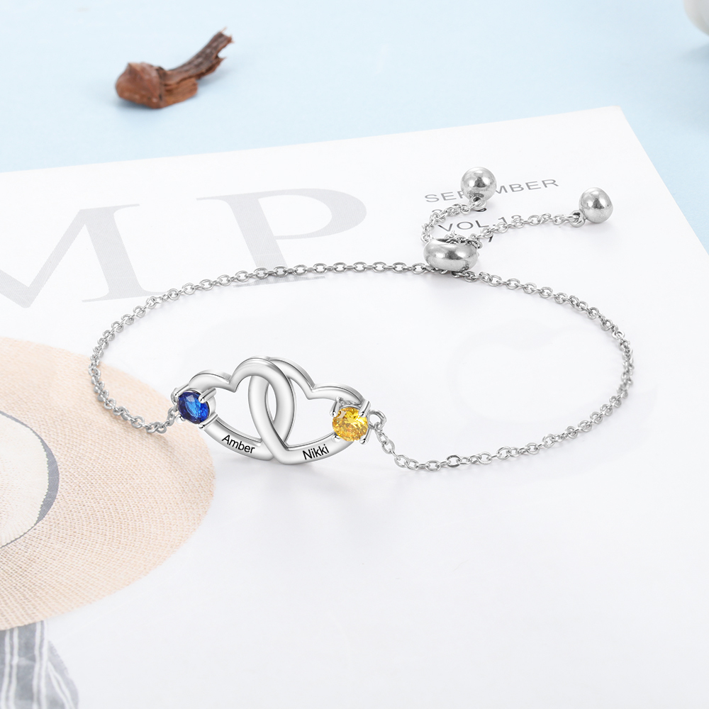 Personalised Heart Bracelet With 2 Birthstones Engraved Names Bracelet Gift For Women-Jessemade AU