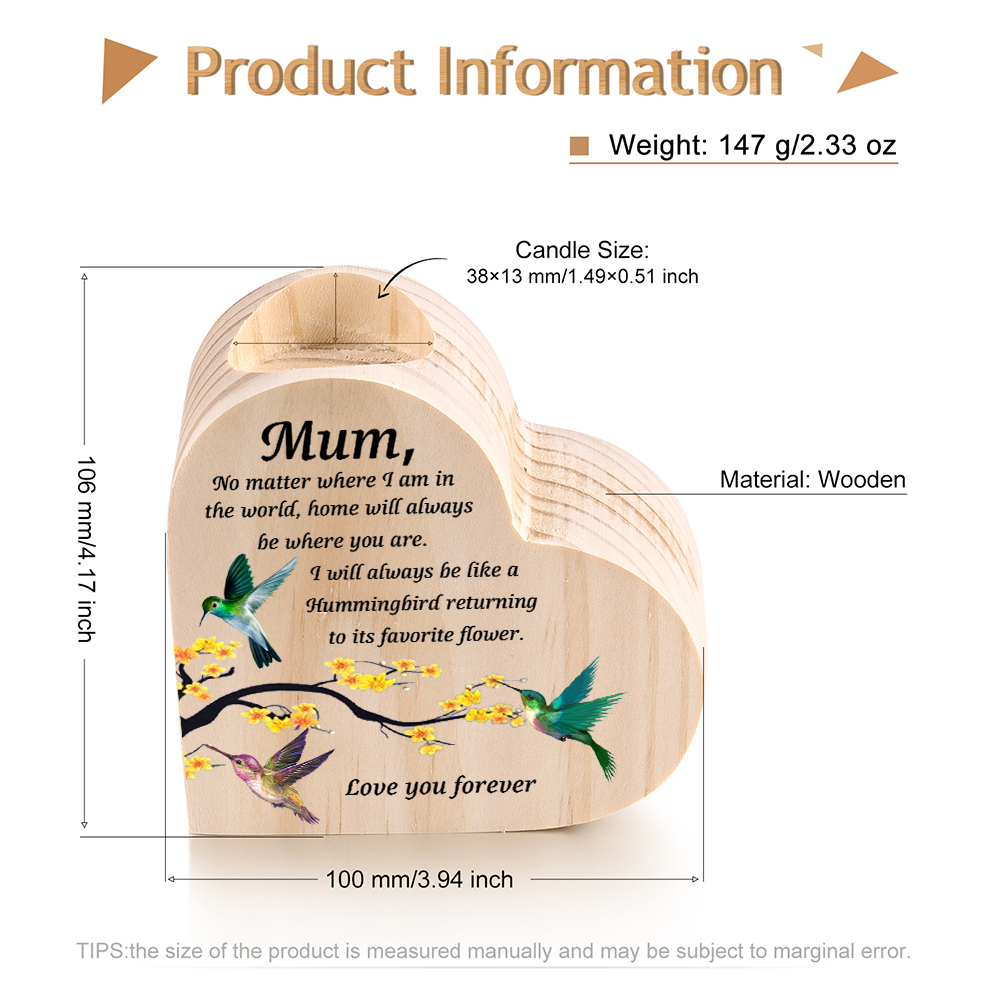 To My Mum Hummingbird Heart Candle Holder "Home will always be where you are" Wooden Candlestick-Jessemade AU