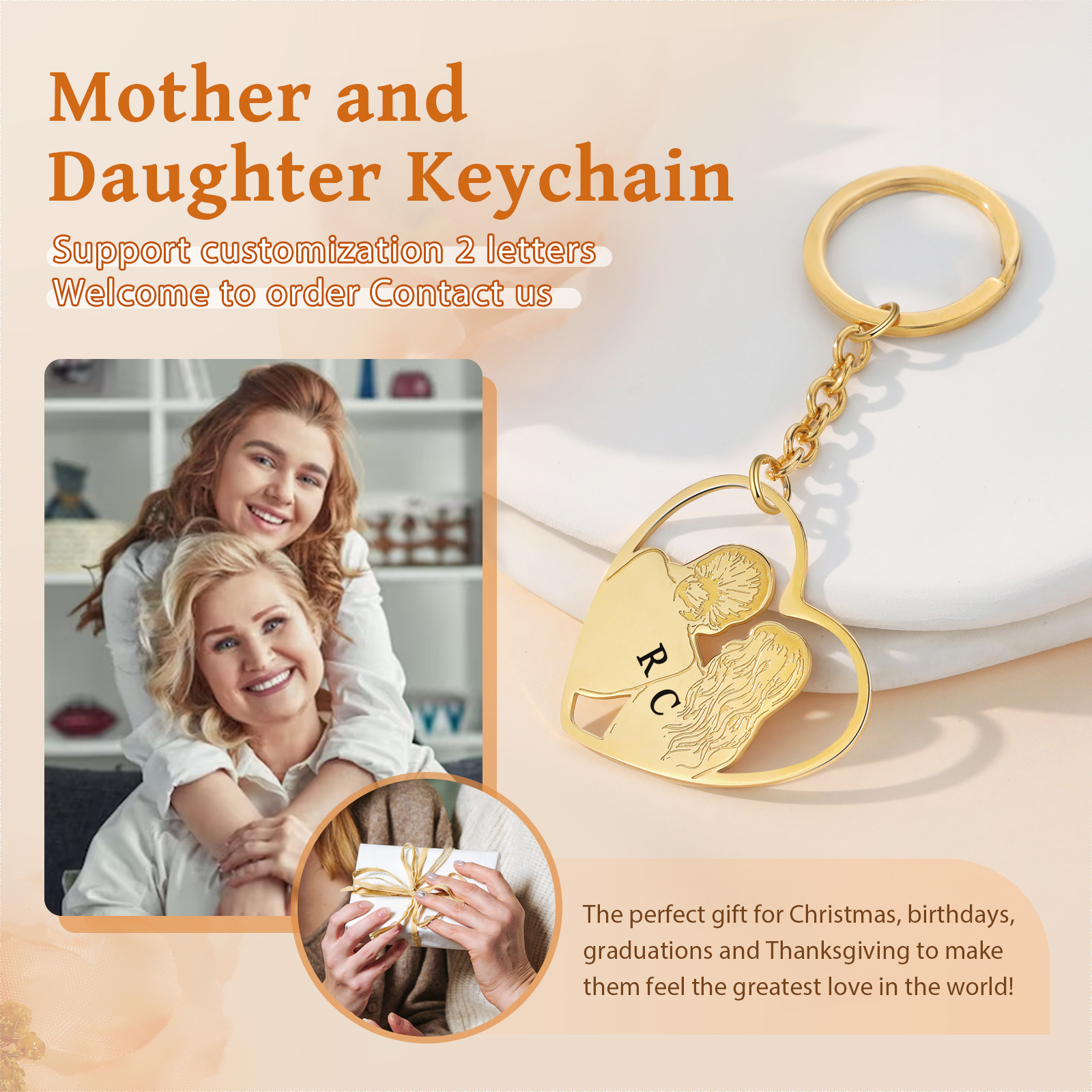 Personalised Heart Keychain Custom 2 Letters Keychain Gold Gift for Sisters-Jessemade AU