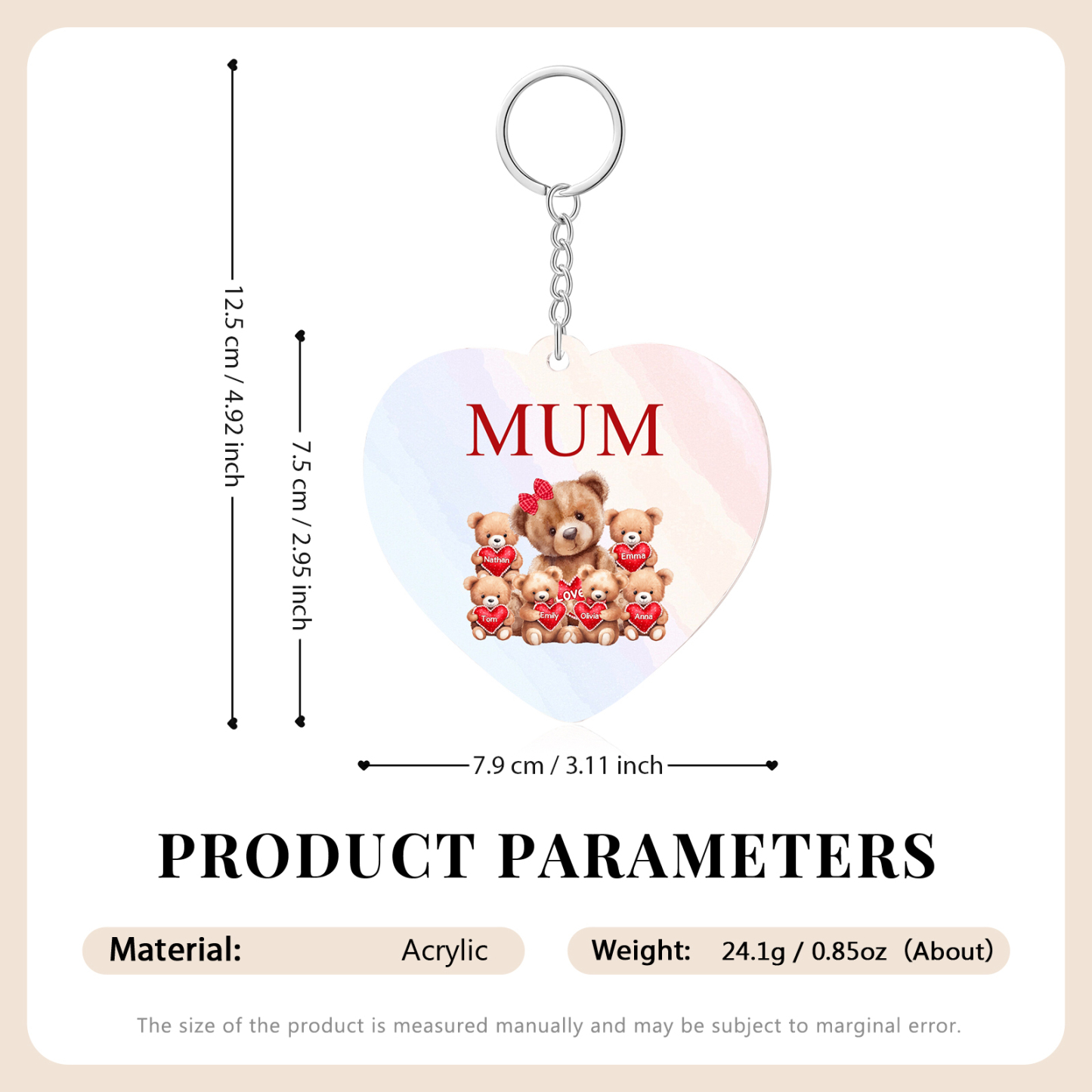 6 Names - Personalised Acrylic Keychain Custom 1 Text Teddy Bears Family Hanging Ornaments Gift for Mum/Grandma-Jessemade AU