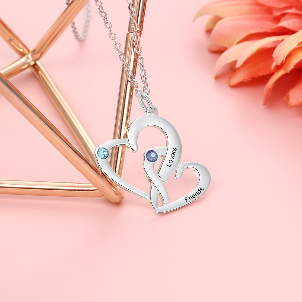 Personalised Heart Necklace With 2 Birthstones Engraved Names Gift For Her-Jessemade AU