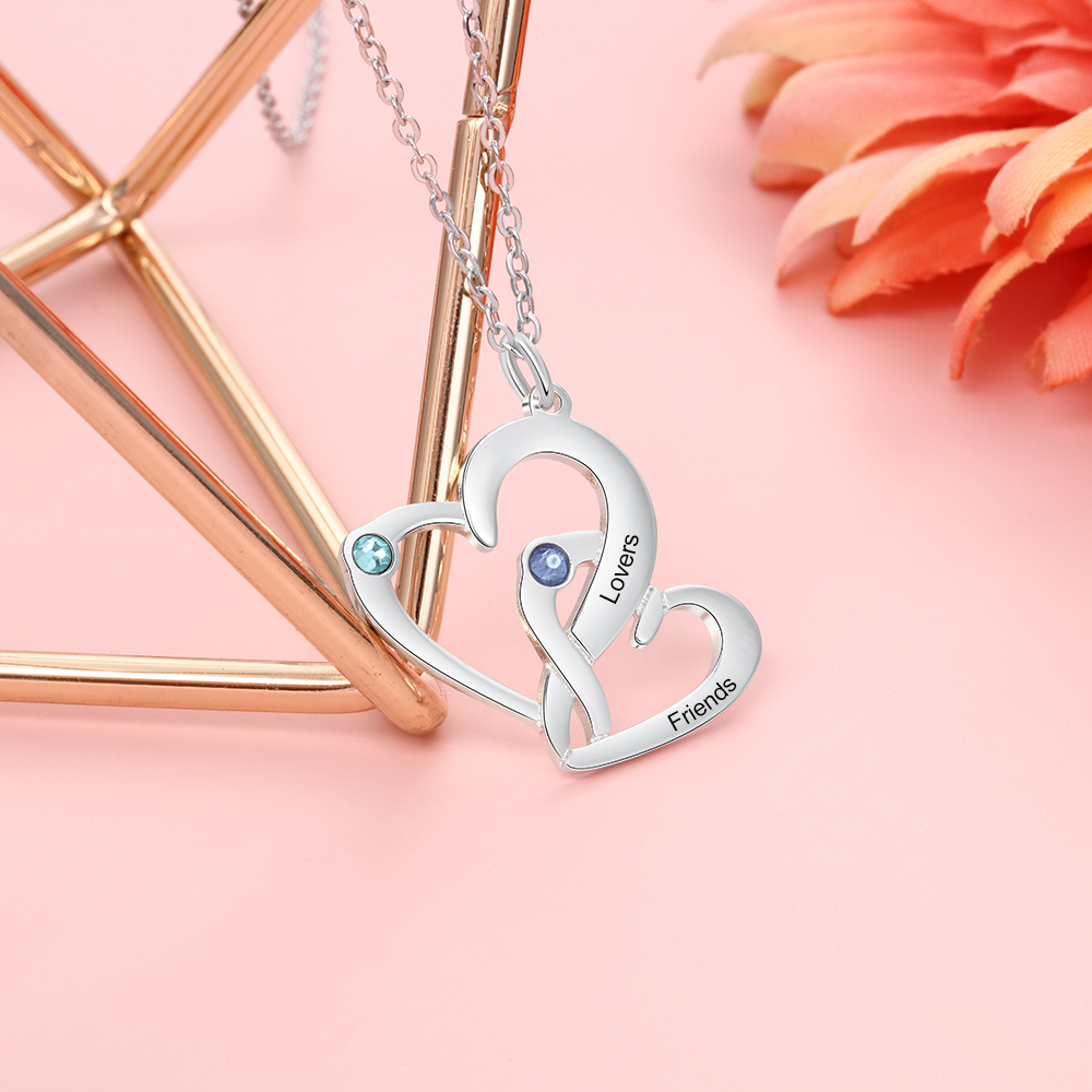 Personalised Heart Necklace With 2 Birthstones Engraved Names Gift For Her-Jessemade AU