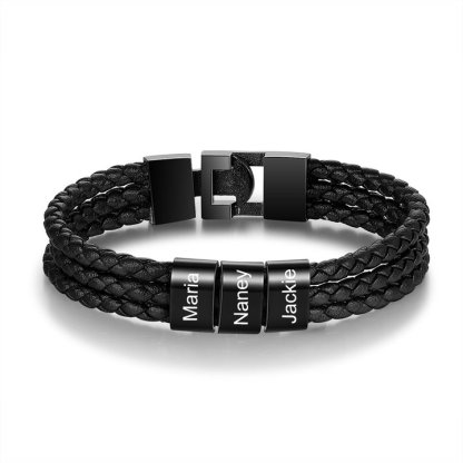 Personalised Braided Leather Bracelet Engraved 3 Names Men's Bracelet Gifts For Him-Jessemade AU