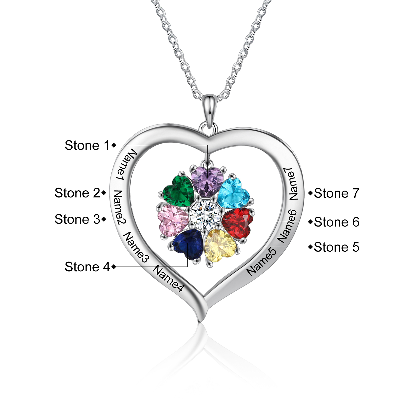 Personalised Heart Necklace with 7 Birthstones Engraved Names Family Necklace Gifts for Her-Jessemade AU